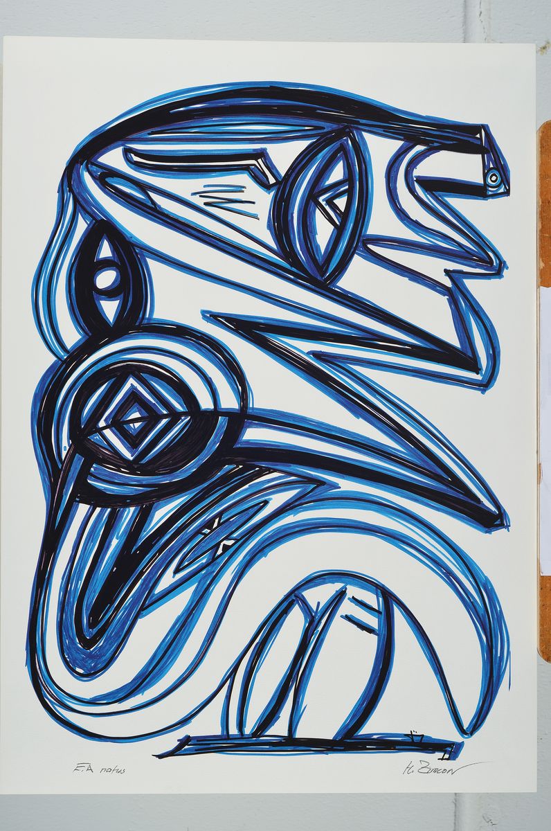Detail k: Zimcon, geb. 1938, Meisterschüler von A.R. Penck, hier: Alpha 2001, Visuelle Strömungen, Mappe mit 8 Grafiken, Auflage 88 exp., 1993 Hrgs., ...