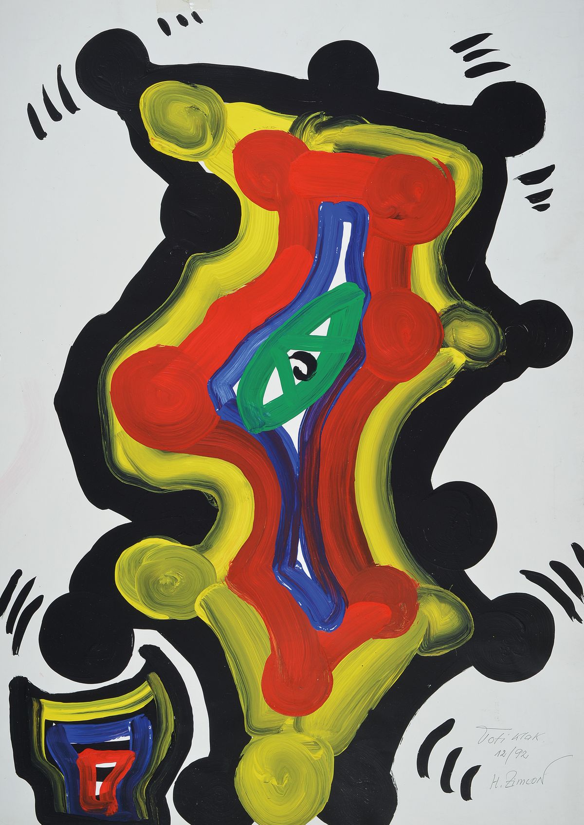 Zimcon, 1938 Hanau, Meisterschüler von A.R. Penck, Acryl auf Papier, Toti Klak, signiert, dat. 12/92, rückseitig bezeichnet, ca. 70 x 50cm