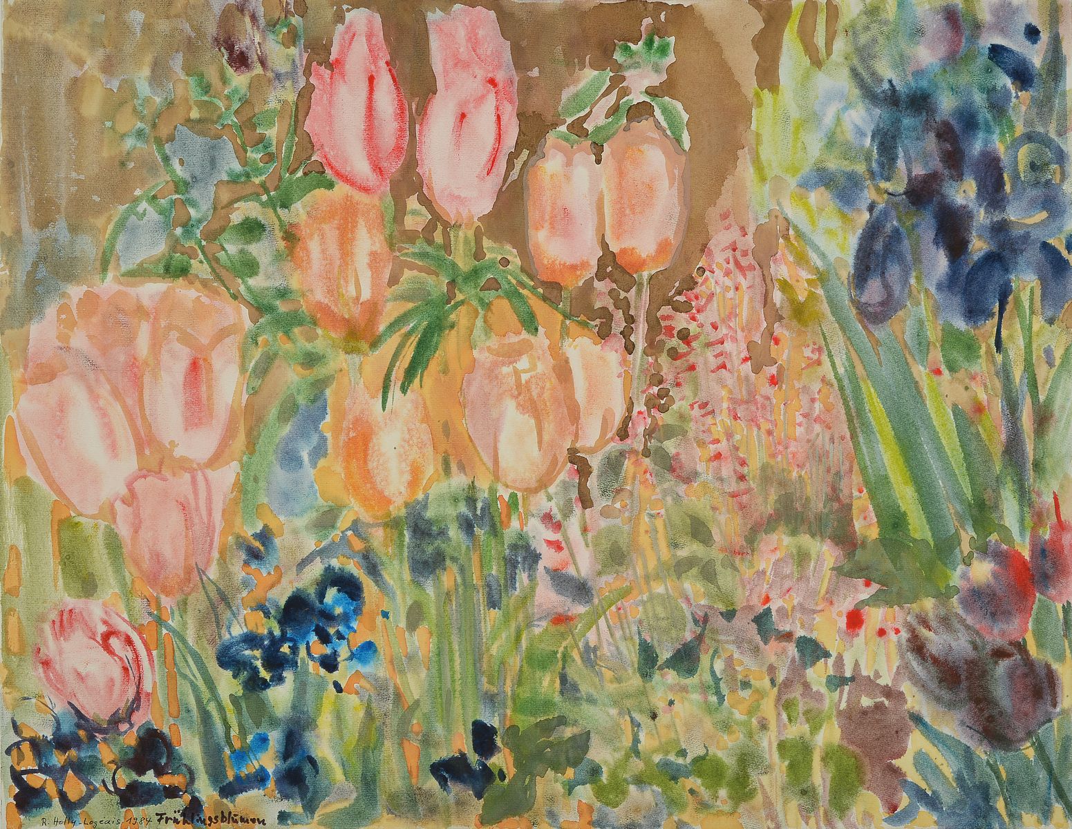 Roberte Holly-Legeais, 1934- 2001, Meisterschülerin von Otto Dix, Frühlingsblumen, Aquarell, signiert, 1984, 50 x 64 cm bzw. Bildgröße 48.5 x 62 ...