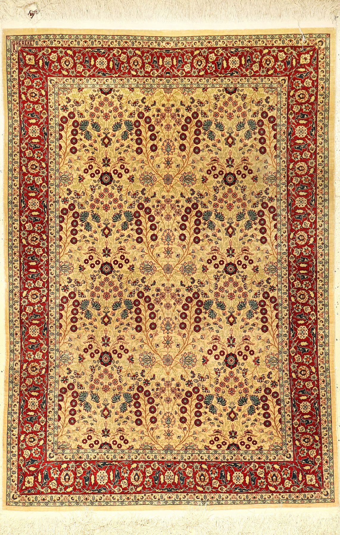Seiden Hereke alt (Signiert), Türkei, um 1970/1980, reine Naturseide. Feiner nummerierterHereke mit Mille-Fleur Design, ca. 140 x 96 cm, EHZ: 2.