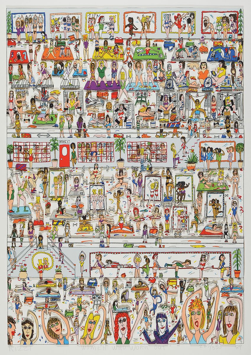 James Rizzi, 1950-2011, Women who work out, 3D-Konstruktion , handsign., num. 265/350, dat.89, Motiv ca. 52x36,5 cm, gesamt 81x65,5 cm, unter Glas ...