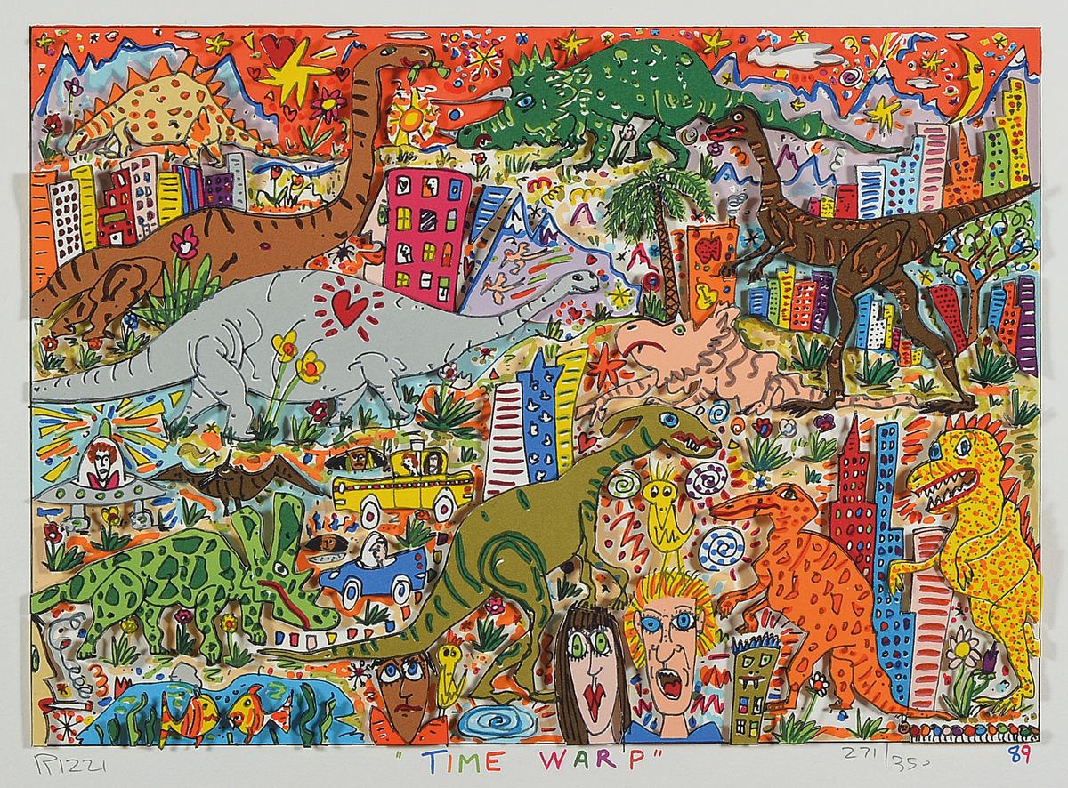 James Rizzi, 1950-2011, Time wrap, 3D-Konstruktion, handsign., num. 271/350, dat.89, Motiv ca. 21,5x31 cm, gesamt ca. 48x56 cm, unter Glas gerahmt, ...
