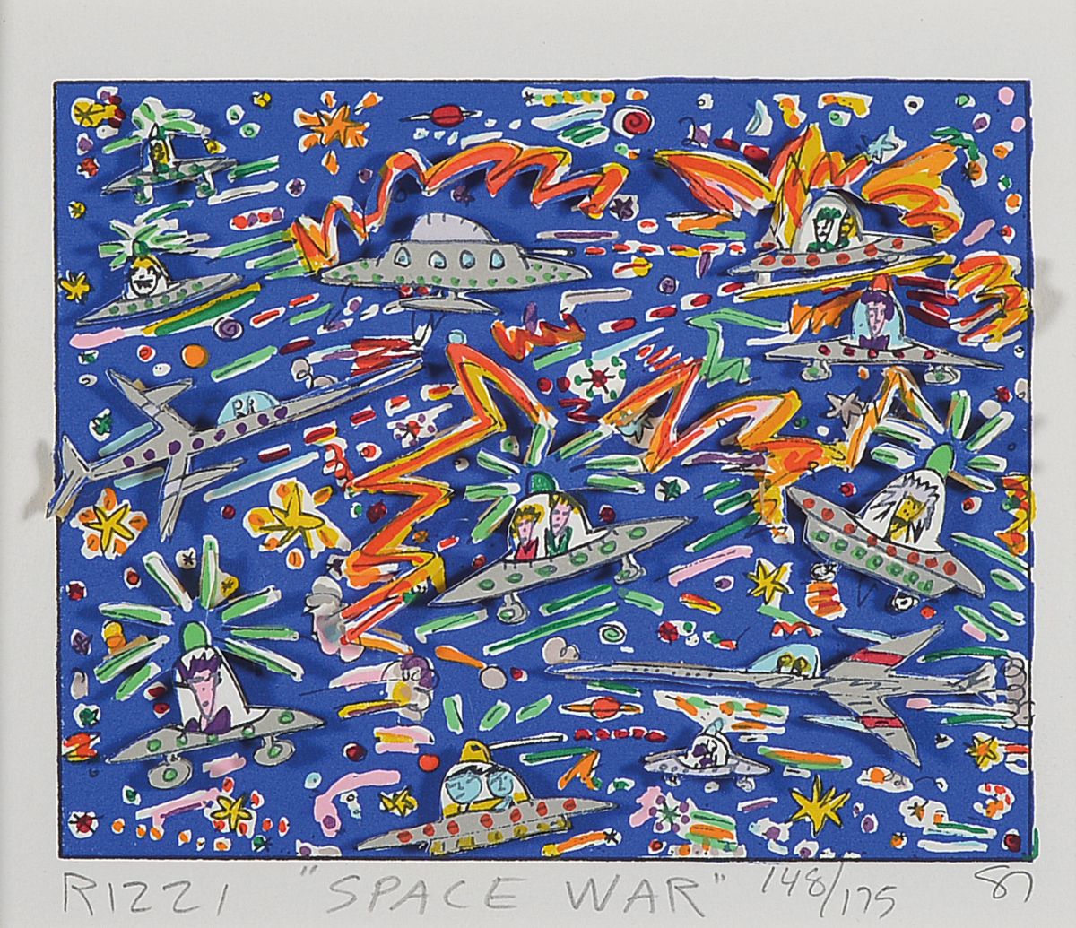 James Rizzi, 1950-2011, Space War, 3D-Konstruktion, handsign,. num. 148/175, dat. 87, Motiv ca. 9,5x12,5 cm, gesamt ca. 32x35 cm , unter Glas ...