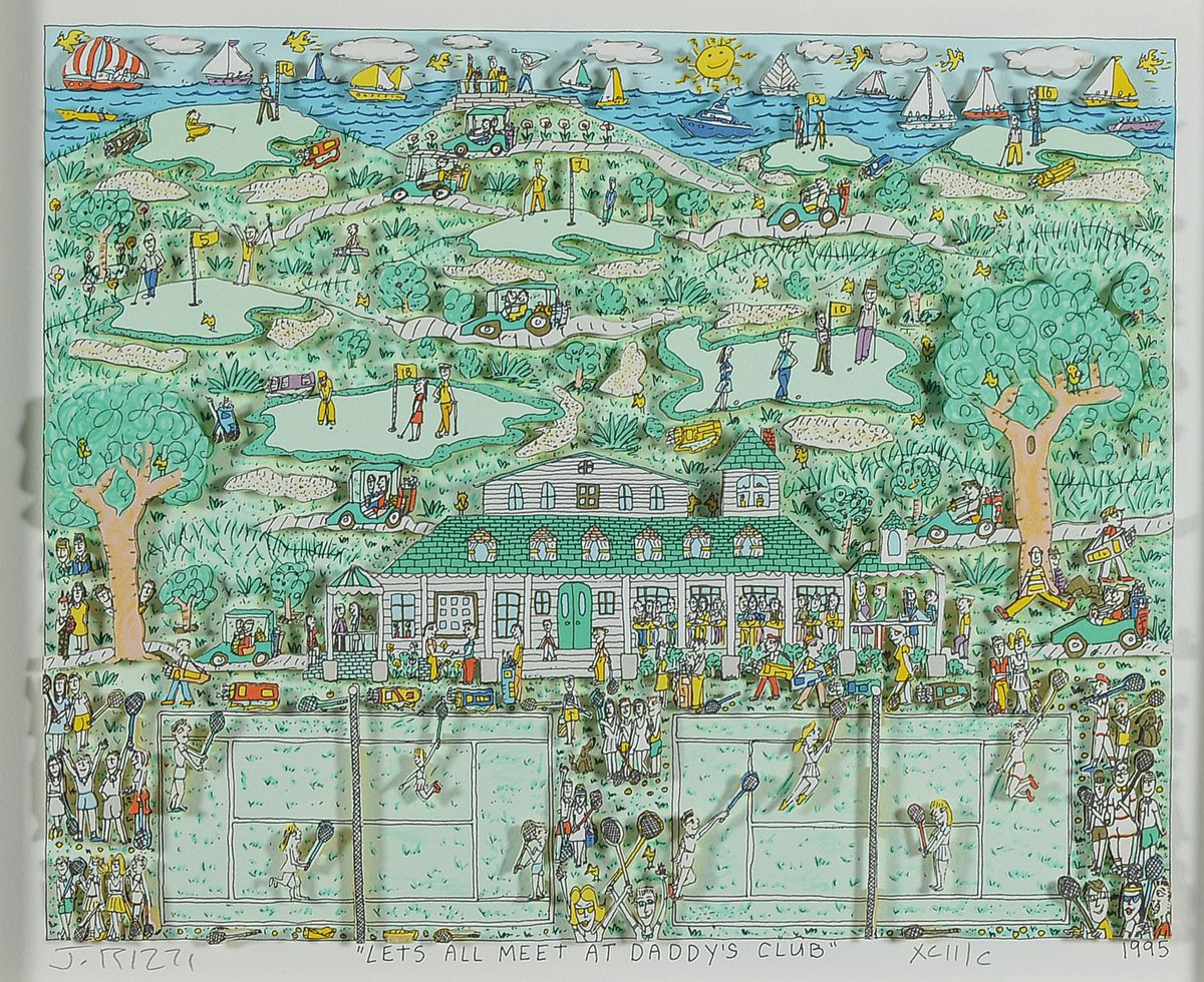 James Rizzi, 1950-2011, Lets all meet at Daddy´s Club, 3D-Konstruktion, handsign., num. XCll/C , dat.95, Motiv ca. 20x25 cm, gesamt ca. 43,5x48,5 ...