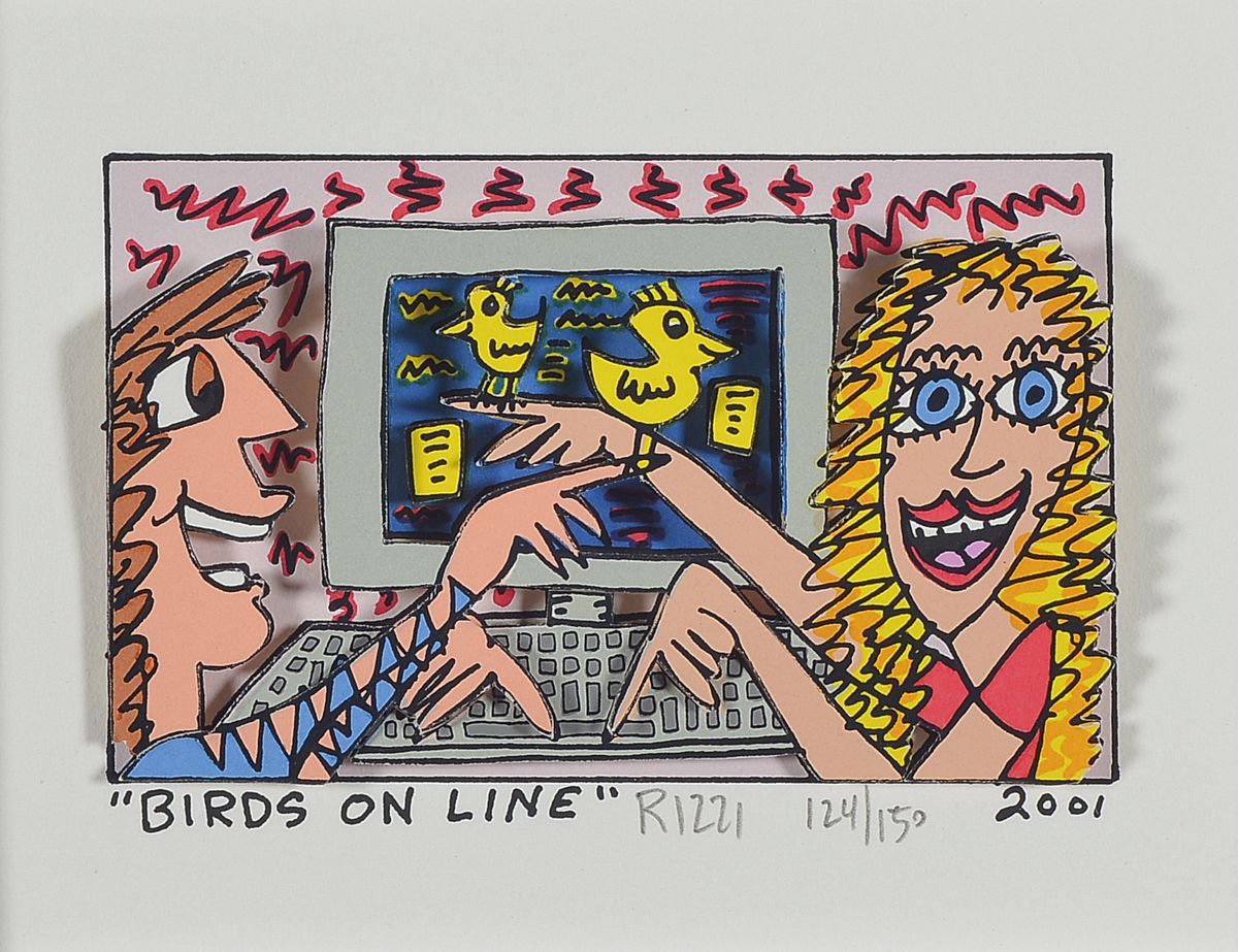 James Rizzi, 1950-2011, Birds on Line, 3D-Konstruktion , handsign., num. 124/150, dat. 2001, Motiv ca. 7x11,5 cm, gesamt ca. 26x30,5 cm, unter Glas ...