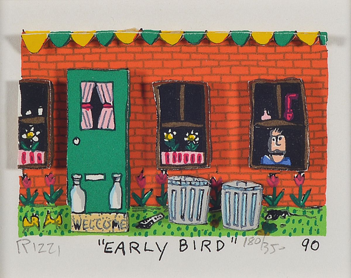 James Rizzi, 1950-2011, Early Bird, 3D-Konstruktion, handsign., num. 180/350, dat. 90, Motiv ca. 5,5x7,5 cm, gesamt ca. 22x24 cm, unter Glas gerahmt, ...