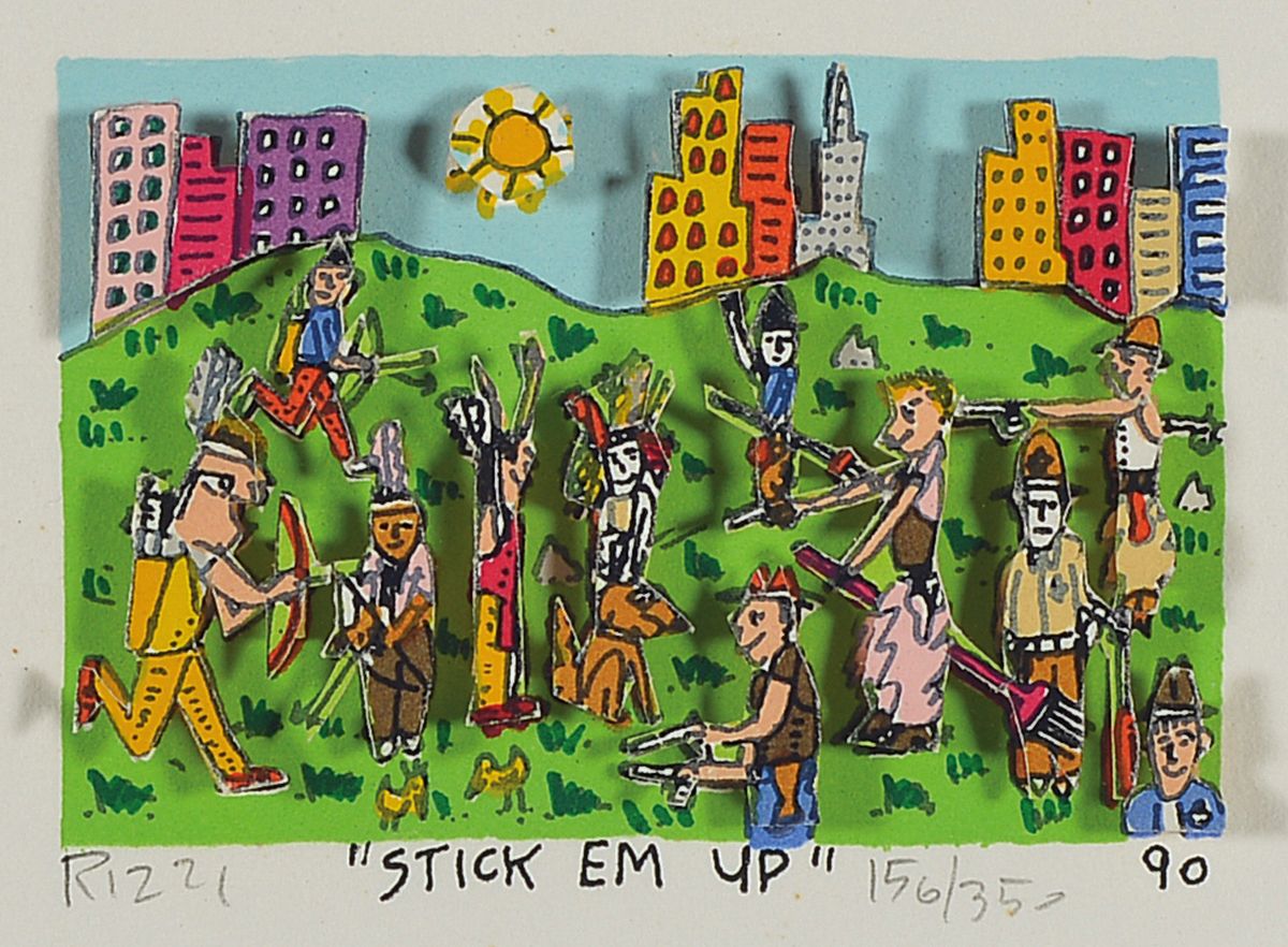 James Rizzi, 1950-2011, Stick em Up, 3D-Konstruktion, handsign., num. 156/350, dat. 90, Motiv ca. 5x7,5 cm, gesamt ca. 24x 26 cm, unter Glas gerahmt, ...
