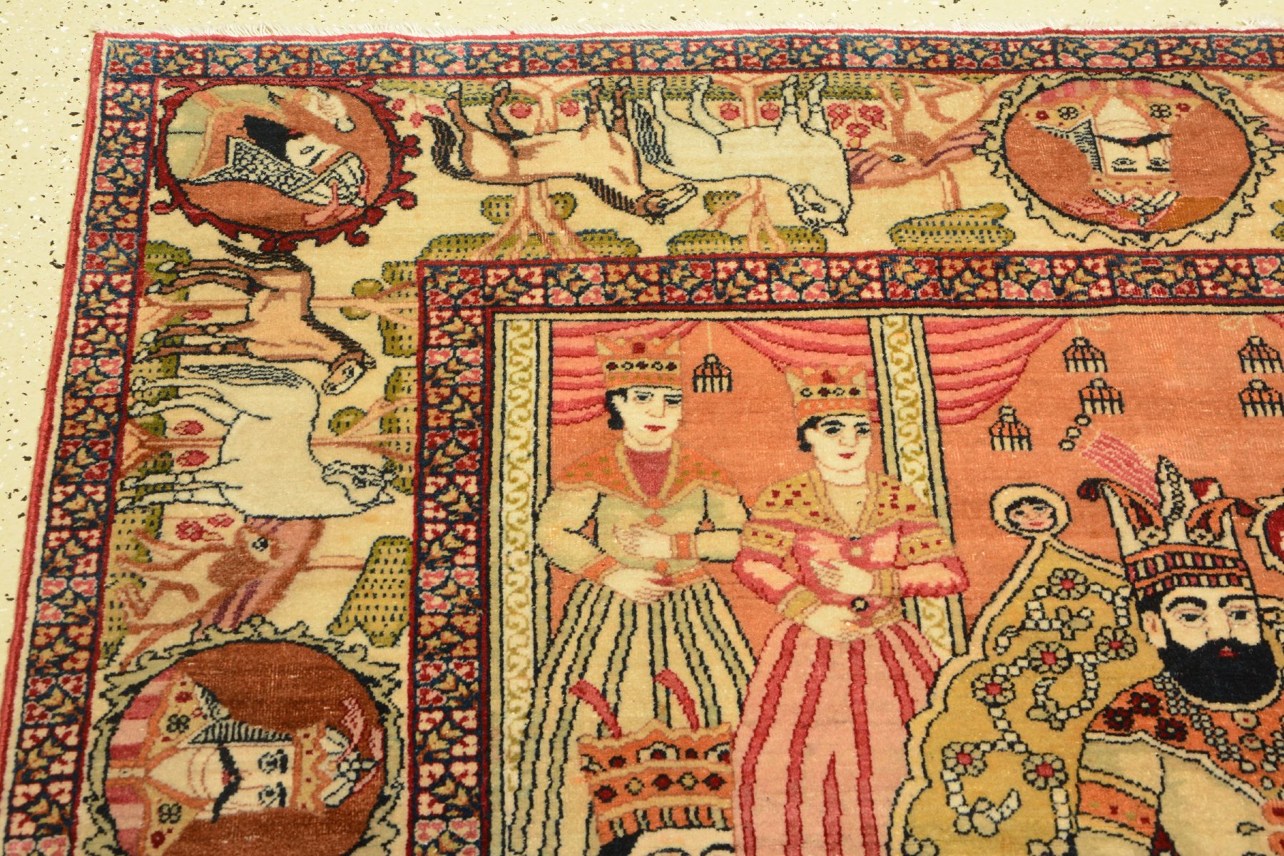 Detail b: Kerman "Ravar" Bildteppich antik (Nader Schah Afshar), Südpersien, Ende 19.Jhd., Korkwolle geknüpft auf Baumwolle. Feiner Bildteppich ...