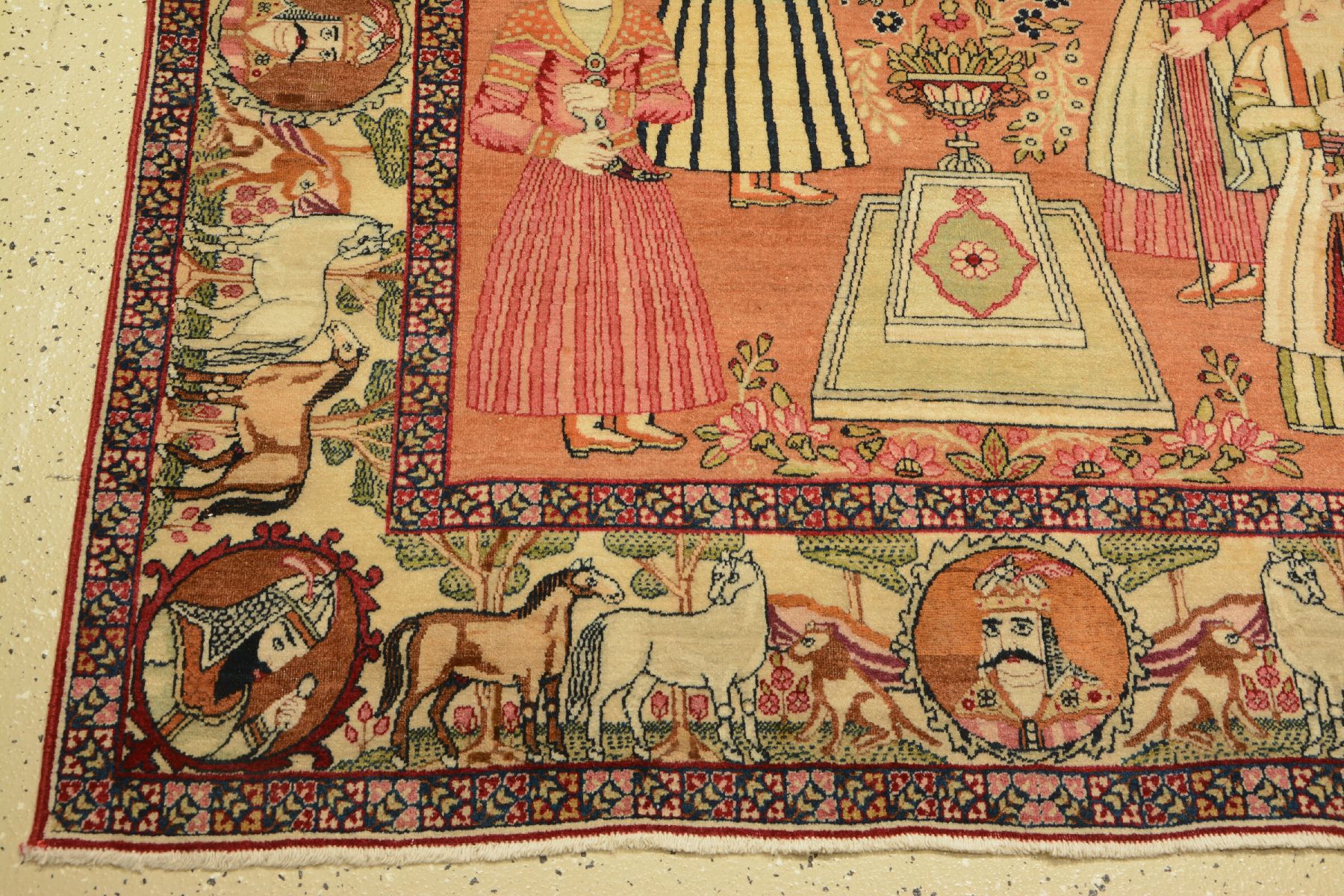 Detail l: Kerman "Ravar" Bildteppich antik (Nader Schah Afshar), Südpersien, Ende 19.Jhd., Korkwolle geknüpft auf Baumwolle. Feiner Bildteppich ...