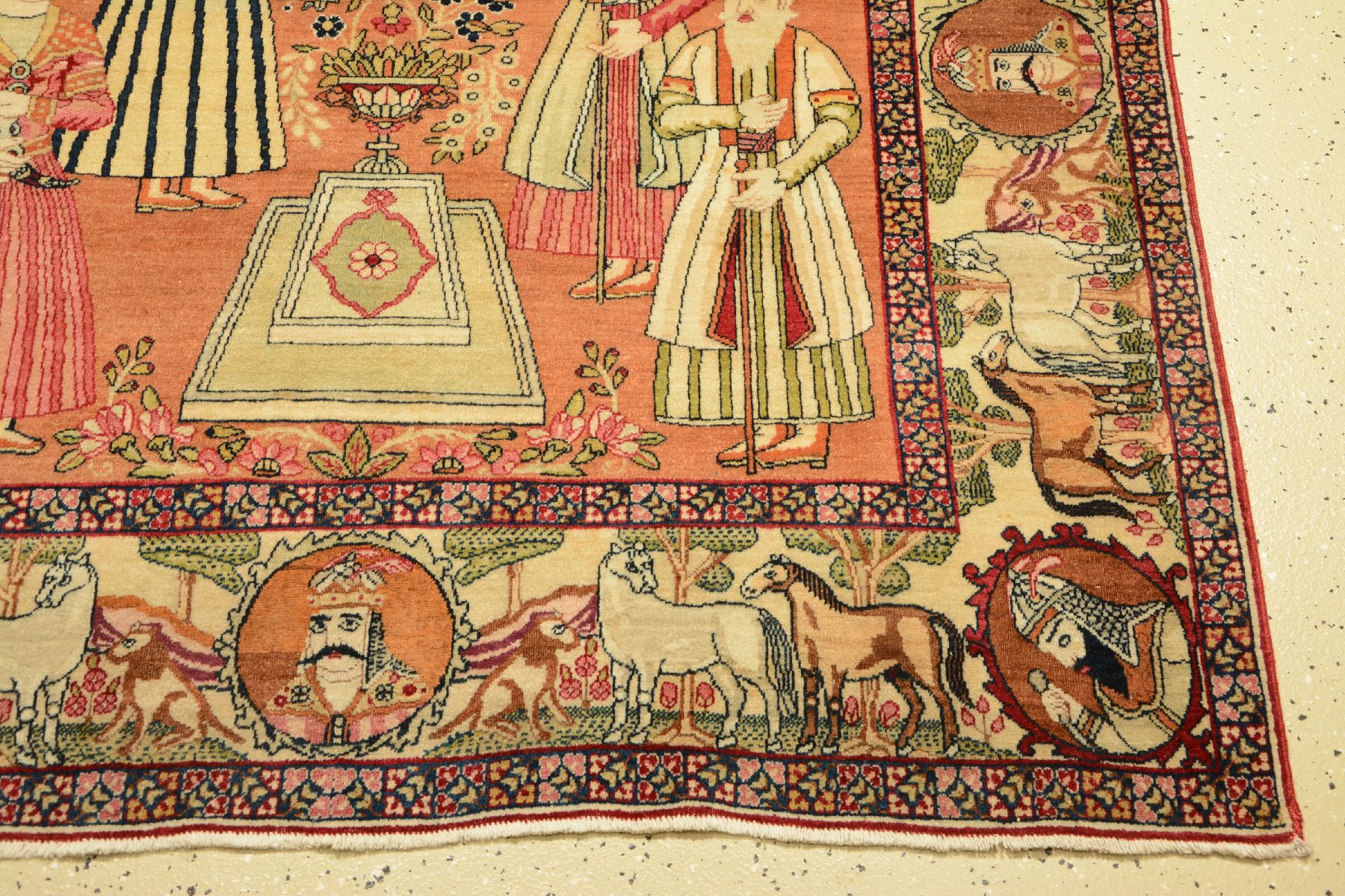 Detail m: Kerman "Ravar" Bildteppich antik (Nader Schah Afshar), Südpersien, Ende 19.Jhd., Korkwolle geknüpft auf Baumwolle. Feiner Bildteppich ...