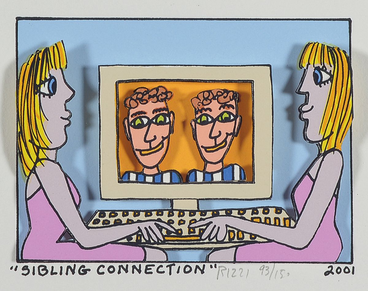 James Rizzi, 1950-2011, Sibling Connection, 3D-Konstruktion, handsign., num. 93/150, dat. 2001, Motiv ca. 8x11,5 cm, gesamt ca. 27,5x30 cm, unter ...