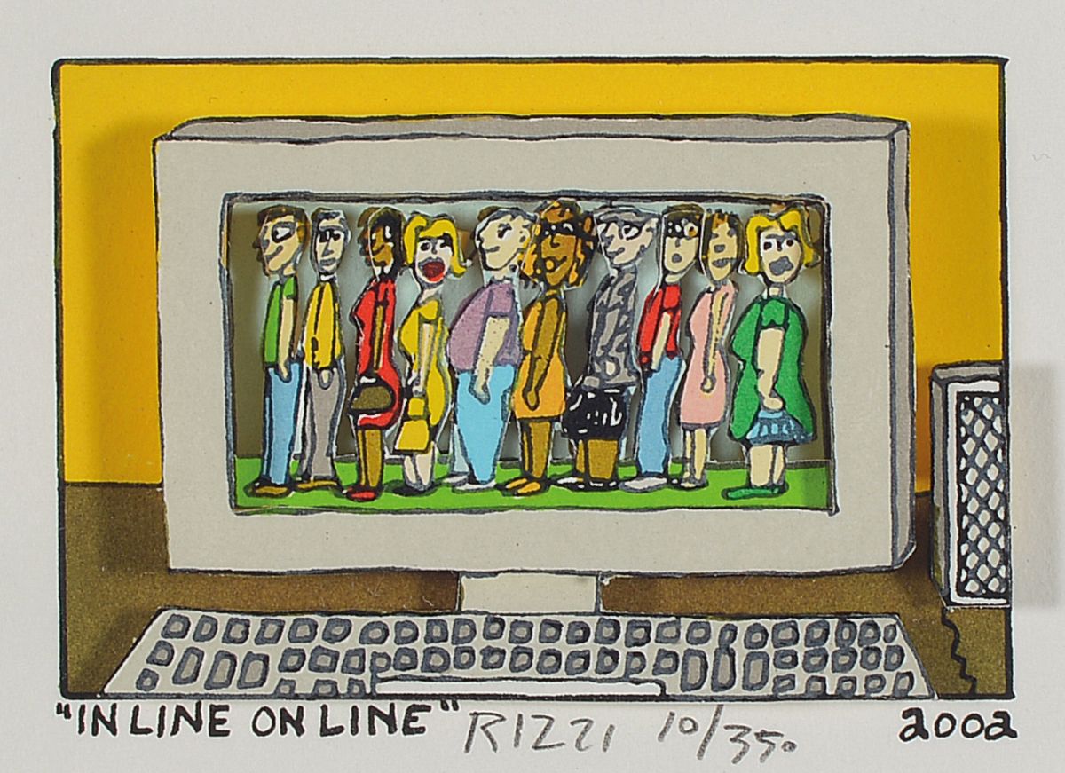 James Rizzi, 1950-2011, In Line on Line, 3D-Konstruktion, handsign., num. 10/350, dat. 2002, gesamt ca. 22x24 cm, unter Glas gerahmt, inkl. Zertifikat