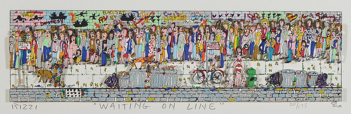 James Rizzi, 1950-2011, Waiting Online, 3D-Konstruktion, handsign., num. 20/175, dat. 86, Motiv ca. 8x28cm, gesamt ca. 36x 55,5 cm, unter Glas ...