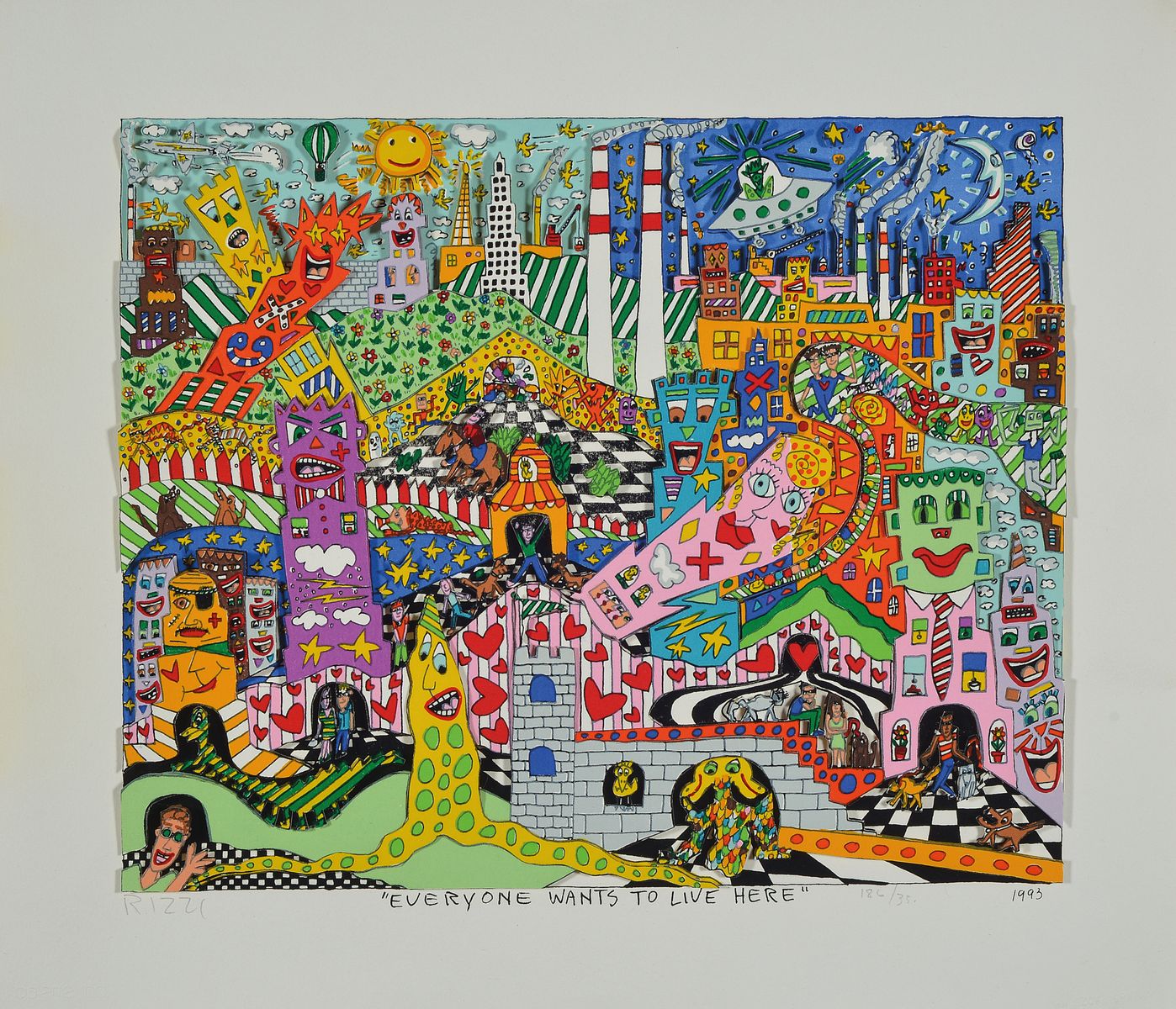James Rizzi, 1950-2011, Everyone wants to live here, 3D-Konstruktion, handsign., num. 186/350, dat. 1993, ca. 33,5x38 cm, inkl. Zertifikat