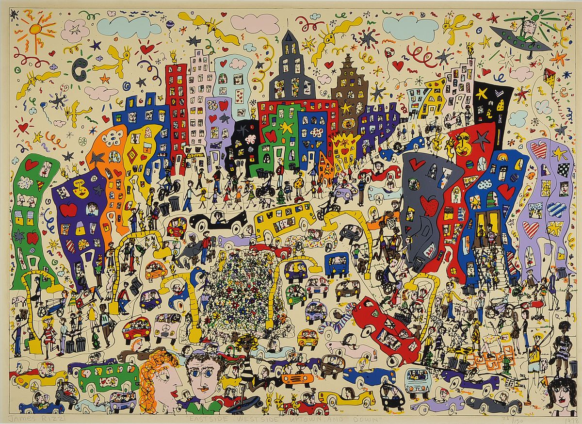 James Rizzi, 1950-2011, East-side, West- side,Uptown, and Down, handsign., num. 26/150,dat. 79, Motiv ca. 50x69,5 cm, gesamt ca. 79,5x100 cm, unter ...