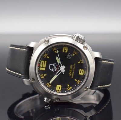 Image ANONIMO Marlin Diver-150 ATM Opera Mecana 7001limited gents wristwatch, self winding, solid screwed down stainless steel case, contrast- dial with Arabic numerals, luminous hands, date, leather strap with original deployant clasp, diameter approx. 46 mm, condition 2