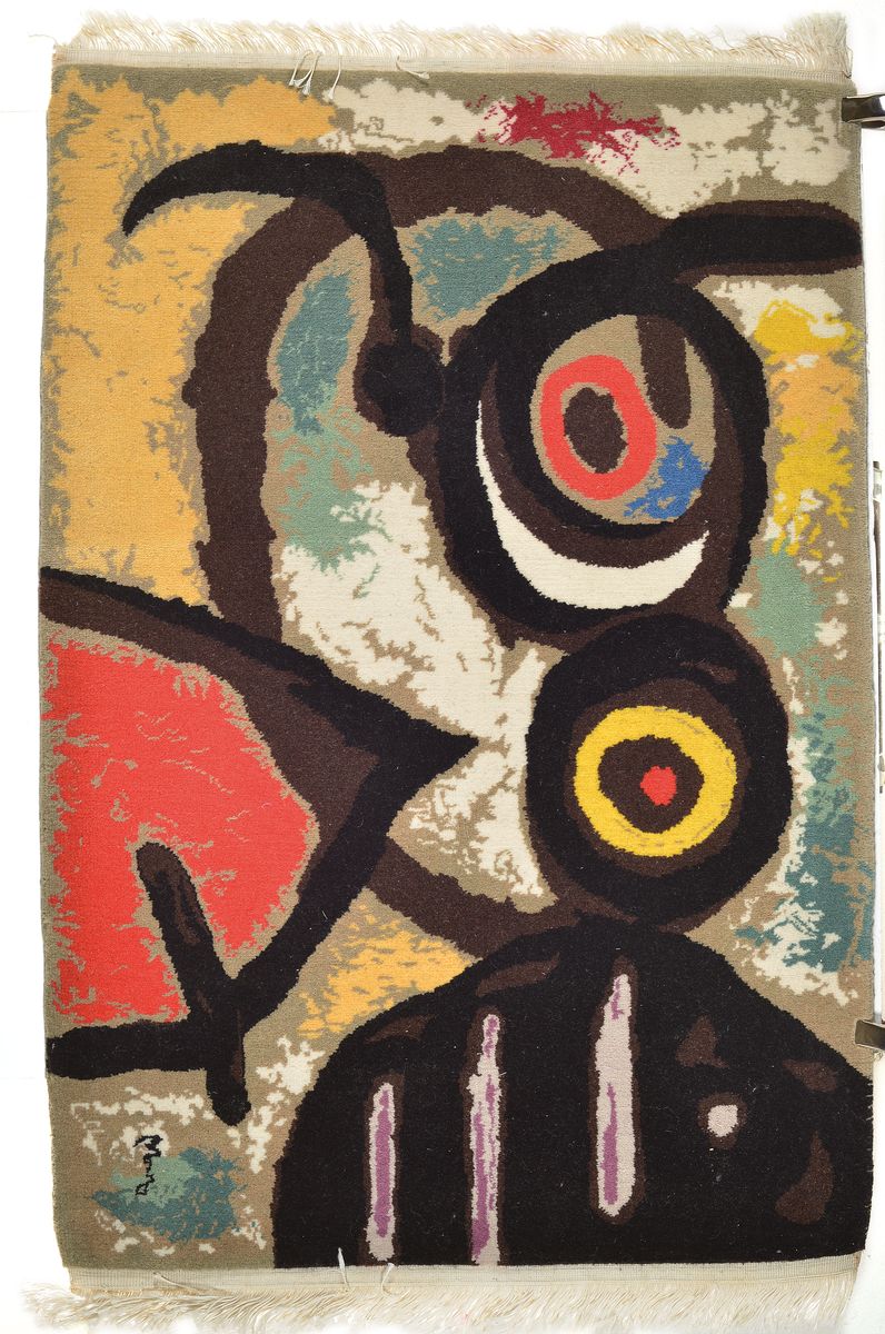 Teppich mit Motiv nach Joan Miro, Wolle/ Baumwolle, ca. 58x87 cm