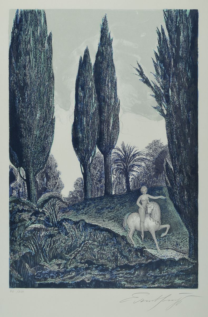 Ernst Fuchs, 1930 Wien-2015, Muse mit Pferd, Farblithographie, handsigniert, num. 40/250, ca. 48x33cm, u.Gl., R. ca. 69x52cm