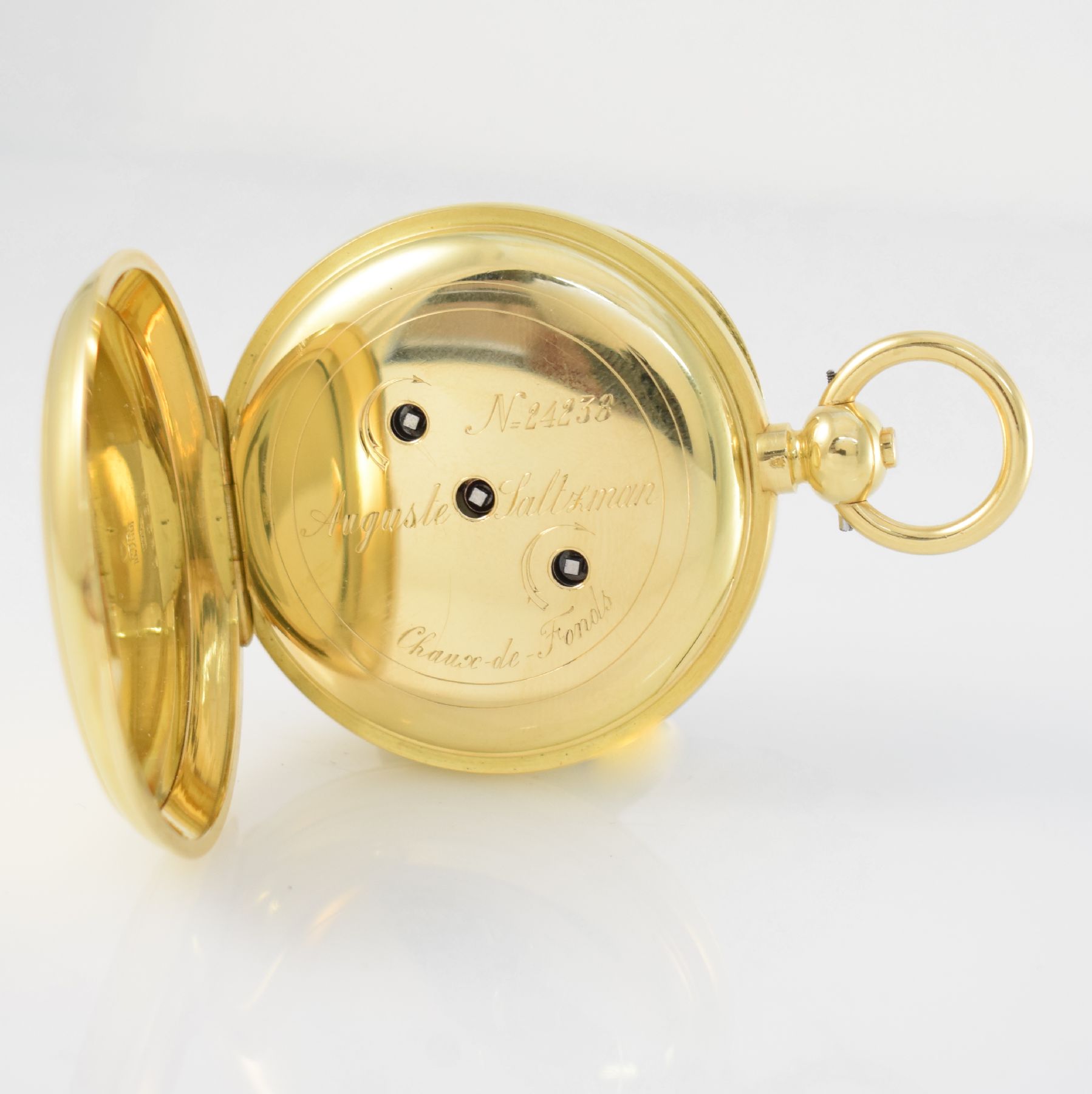 Detail c: Seltene offene Taschenuhr mit 1/4-Std.- Selbstschlag & Repetition in GG 750/000, Schweiz um 1870/1930, Schlüsselaufzug, schweres 2-Deckel-Goldgeh., ...