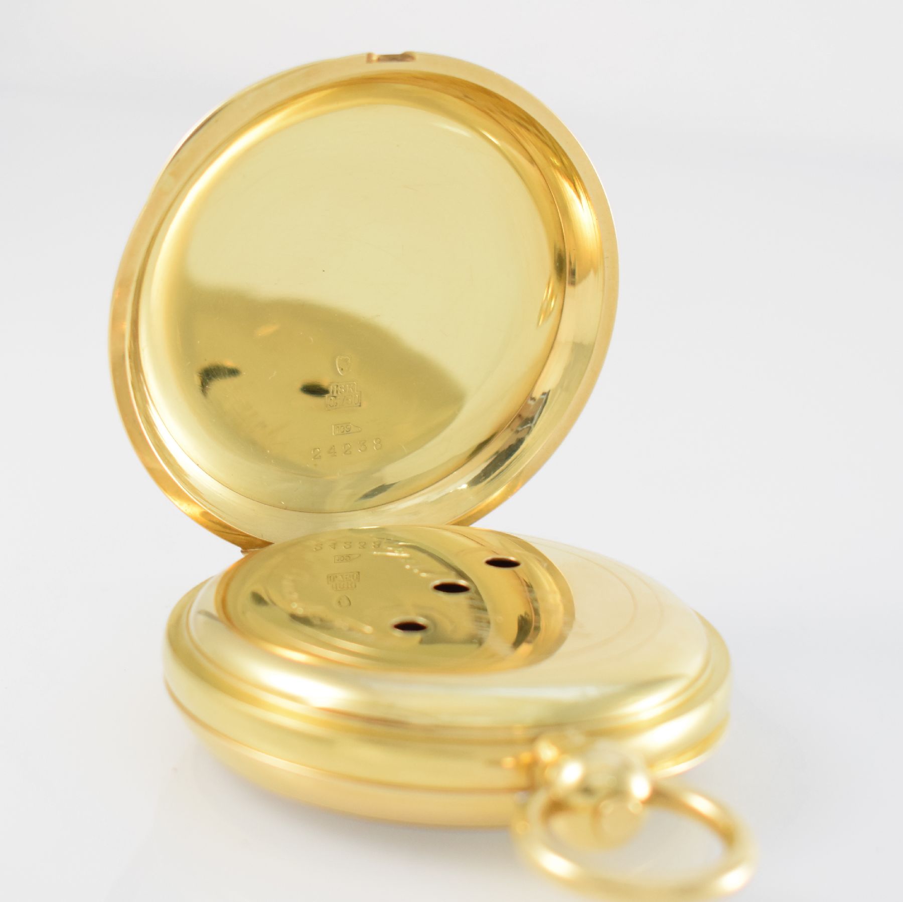 Detail d: Seltene offene Taschenuhr mit 1/4-Std.- Selbstschlag & Repetition in GG 750/000, Schweiz um 1870/1930, Schlüsselaufzug, schweres 2-Deckel-Goldgeh., ...
