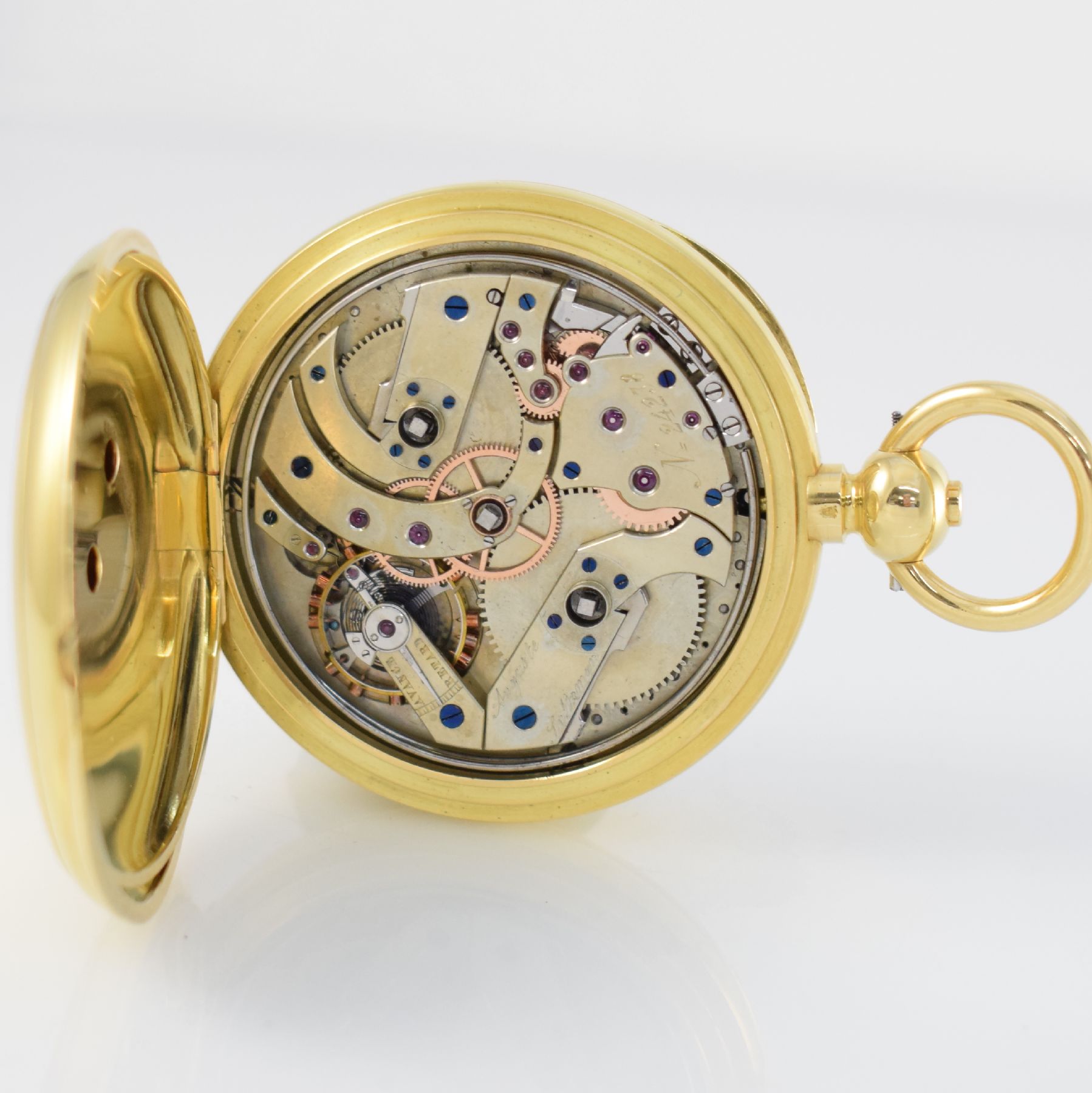 Detail e: Seltene offene Taschenuhr mit 1/4-Std.- Selbstschlag & Repetition in GG 750/000, Schweiz um 1870/1930, Schlüsselaufzug, schweres 2-Deckel-Goldgeh., ...