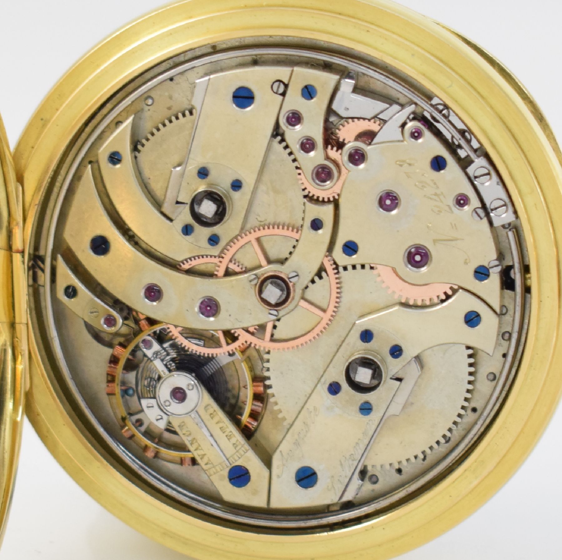 Detail f: Seltene offene Taschenuhr mit 1/4-Std.- Selbstschlag & Repetition in GG 750/000, Schweiz um 1870/1930, Schlüsselaufzug, schweres 2-Deckel-Goldgeh., ...