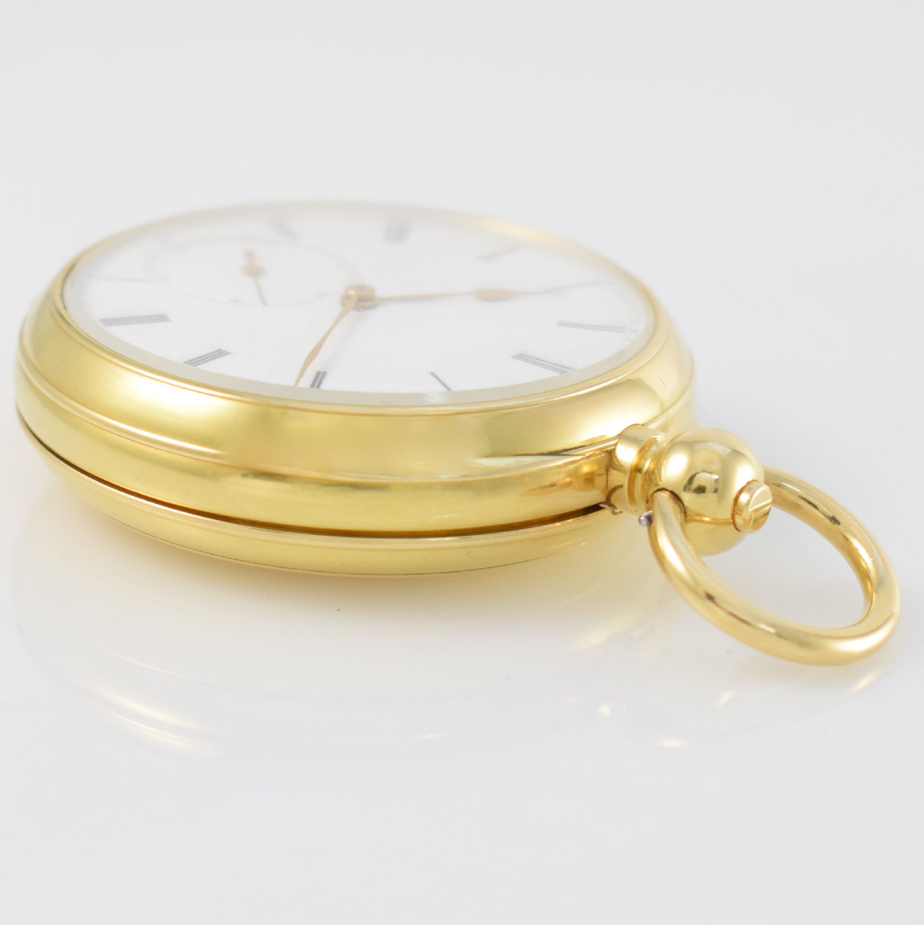 Detail g: Seltene offene Taschenuhr mit 1/4-Std.- Selbstschlag & Repetition in GG 750/000, Schweiz um 1870/1930, Schlüsselaufzug, schweres 2-Deckel-Goldgeh., ...