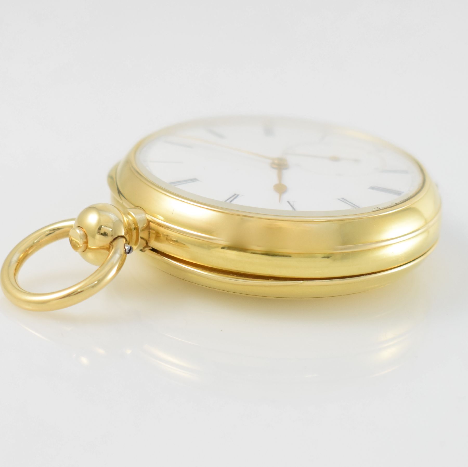 Detail h: Seltene offene Taschenuhr mit 1/4-Std.- Selbstschlag & Repetition in GG 750/000, Schweiz um 1870/1930, Schlüsselaufzug, schweres 2-Deckel-Goldgeh., ...