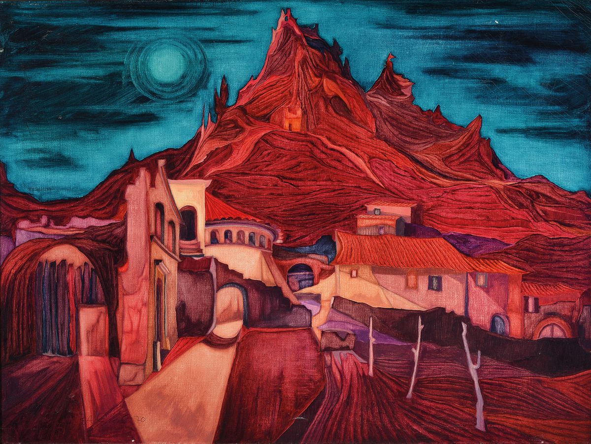 Unbekannter Künstler, Vollmond über der Stadt am Fuß des Berges, Öl/Lwd, links unten unleserlich signiert, dat.70 ca. 75x100 cm , R.