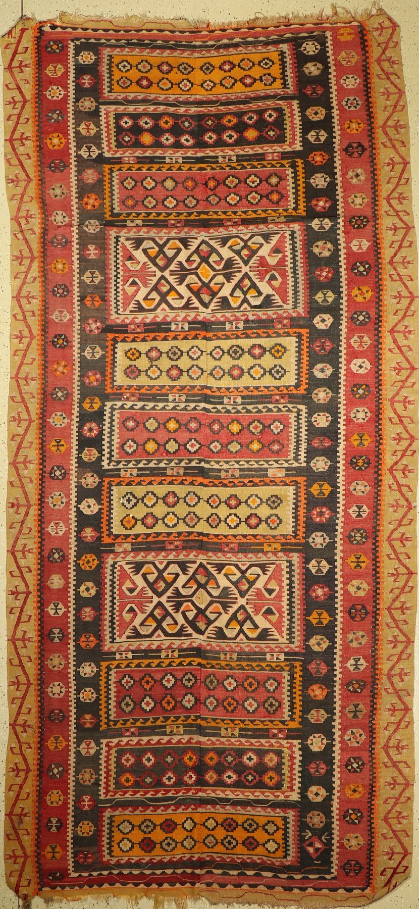 Anatolischer Kelim alt, Türkei, Corum-Cankiri, um 1920/1930, Wolle auf Wolle, ca. 345 x 160 cm, EHZ: 3