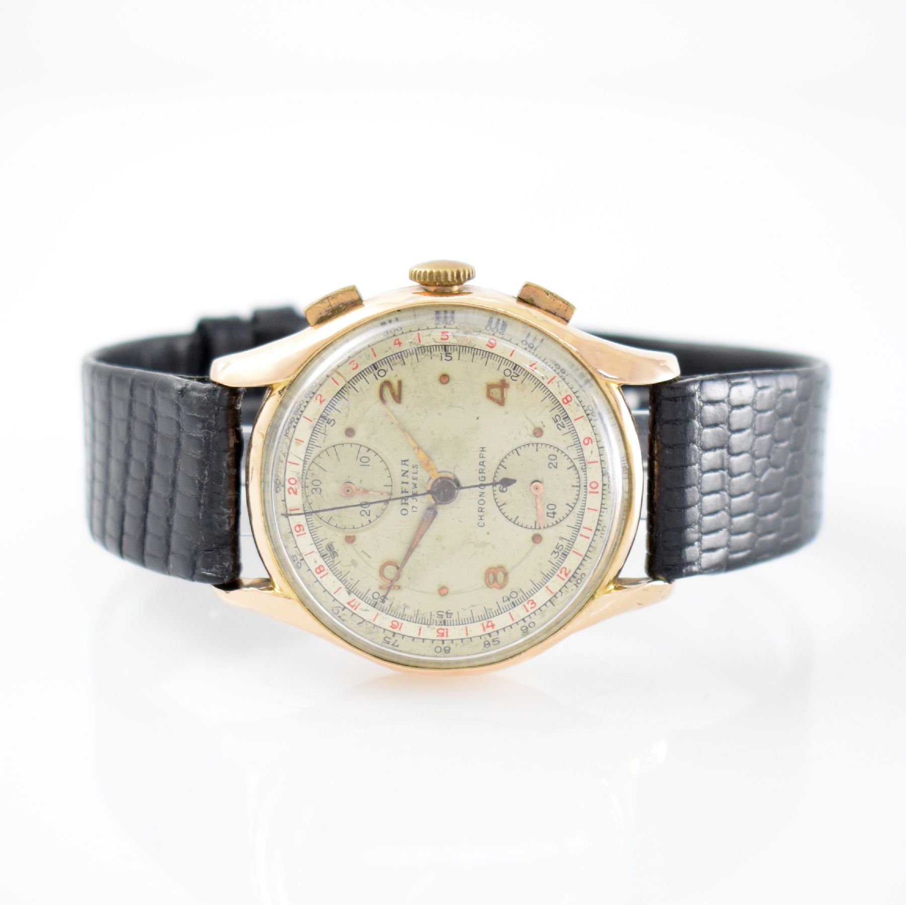 ORFINA Herrenarmbanduhr mit Chronograph in RG 750/000, Schweiz um 1950, Handaufzug, Boden aufgedr., silb. Zifferbl. pat. m. aufges. Std.-Ind., gold. ...