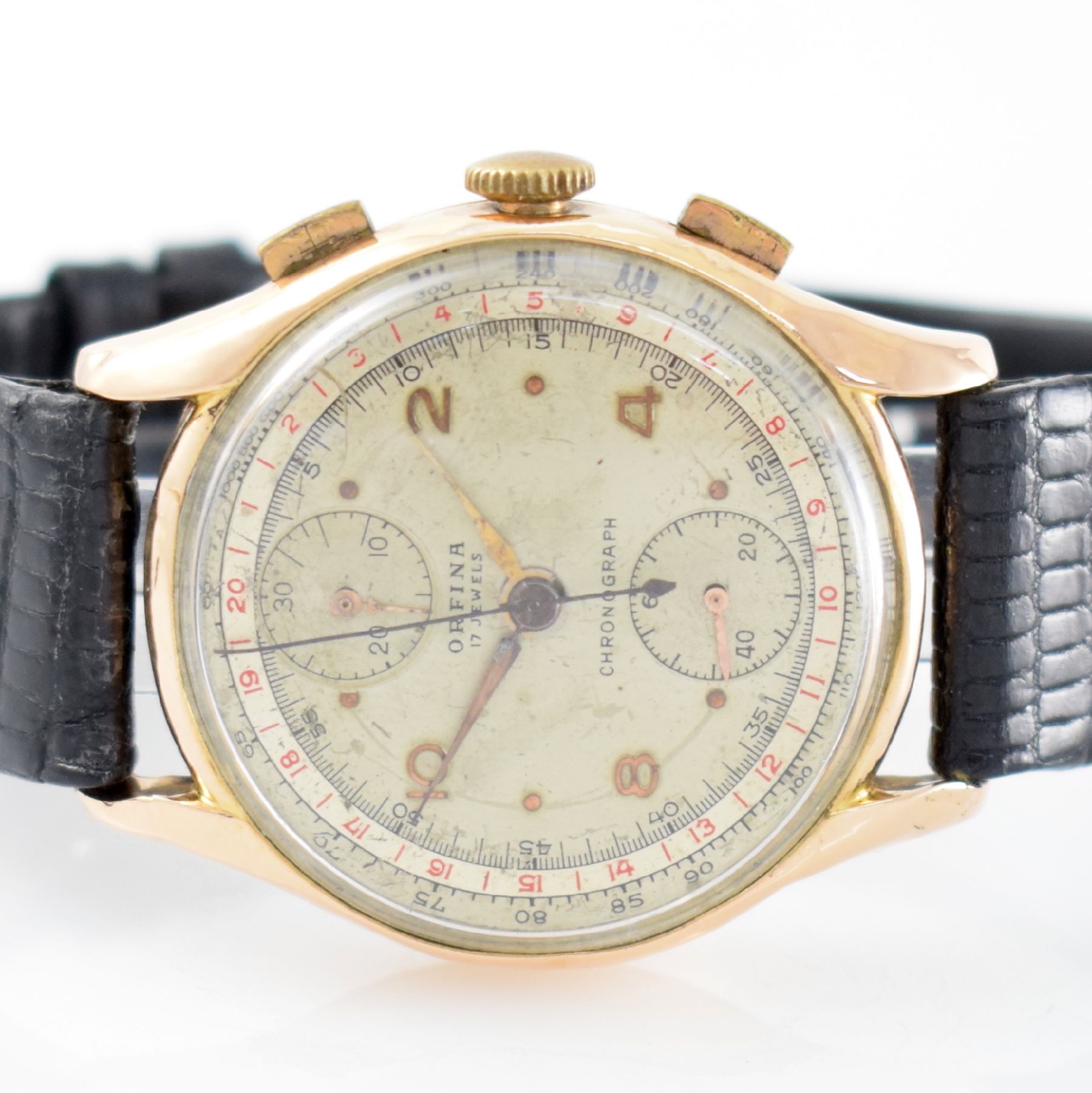 Detail a: ORFINA Herrenarmbanduhr mit Chronograph in RG 750/000, Schweiz um 1950, Handaufzug, Boden aufgedr., silb. Zifferbl. pat. m. aufges. Std.-Ind., gold. ...