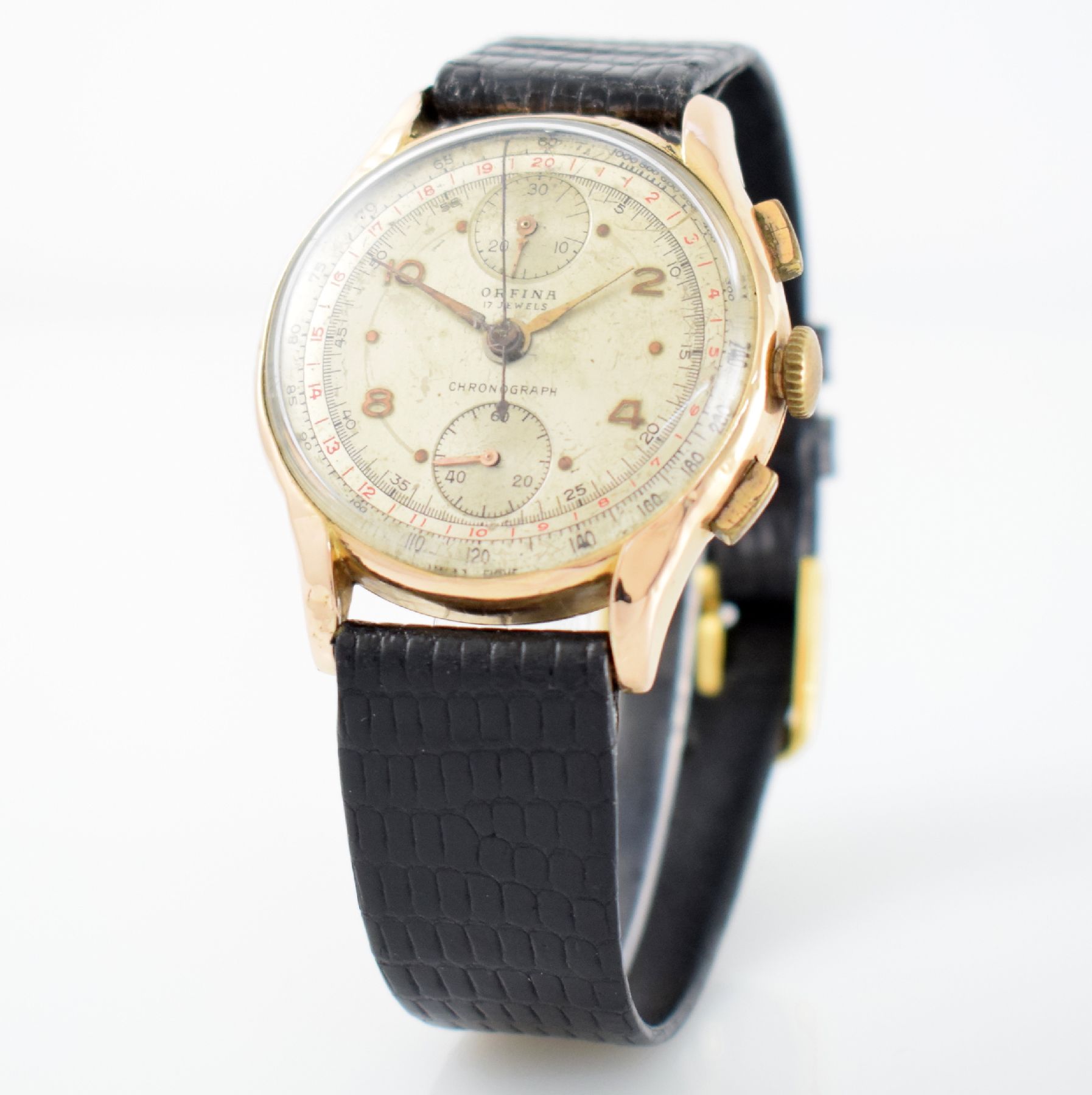 Detail b: ORFINA Herrenarmbanduhr mit Chronograph in RG 750/000, Schweiz um 1950, Handaufzug, Boden aufgedr., silb. Zifferbl. pat. m. aufges. Std.-Ind., gold. ...