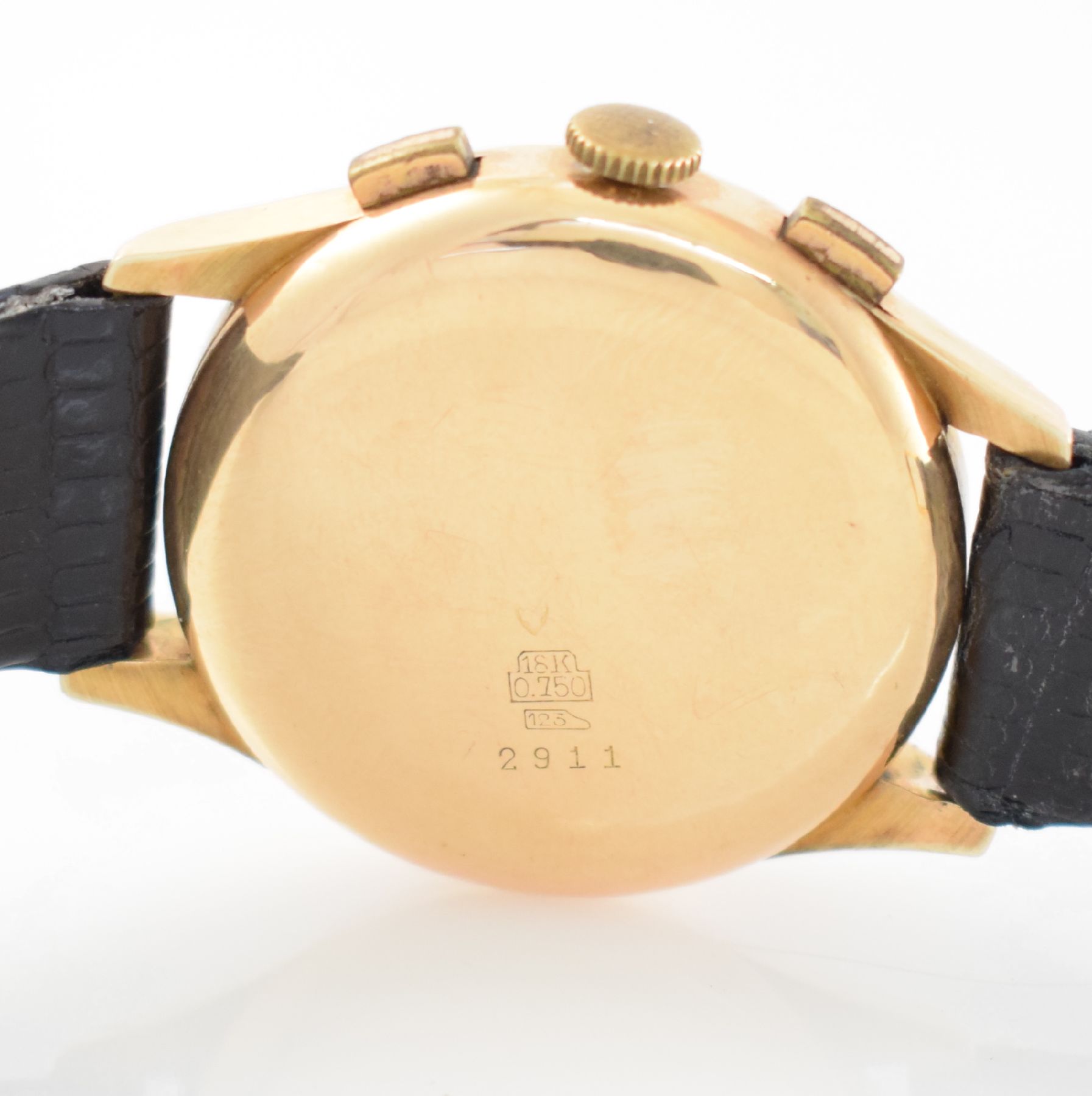 Detail c: ORFINA Herrenarmbanduhr mit Chronograph in RG 750/000, Schweiz um 1950, Handaufzug, Boden aufgedr., silb. Zifferbl. pat. m. aufges. Std.-Ind., gold. ...
