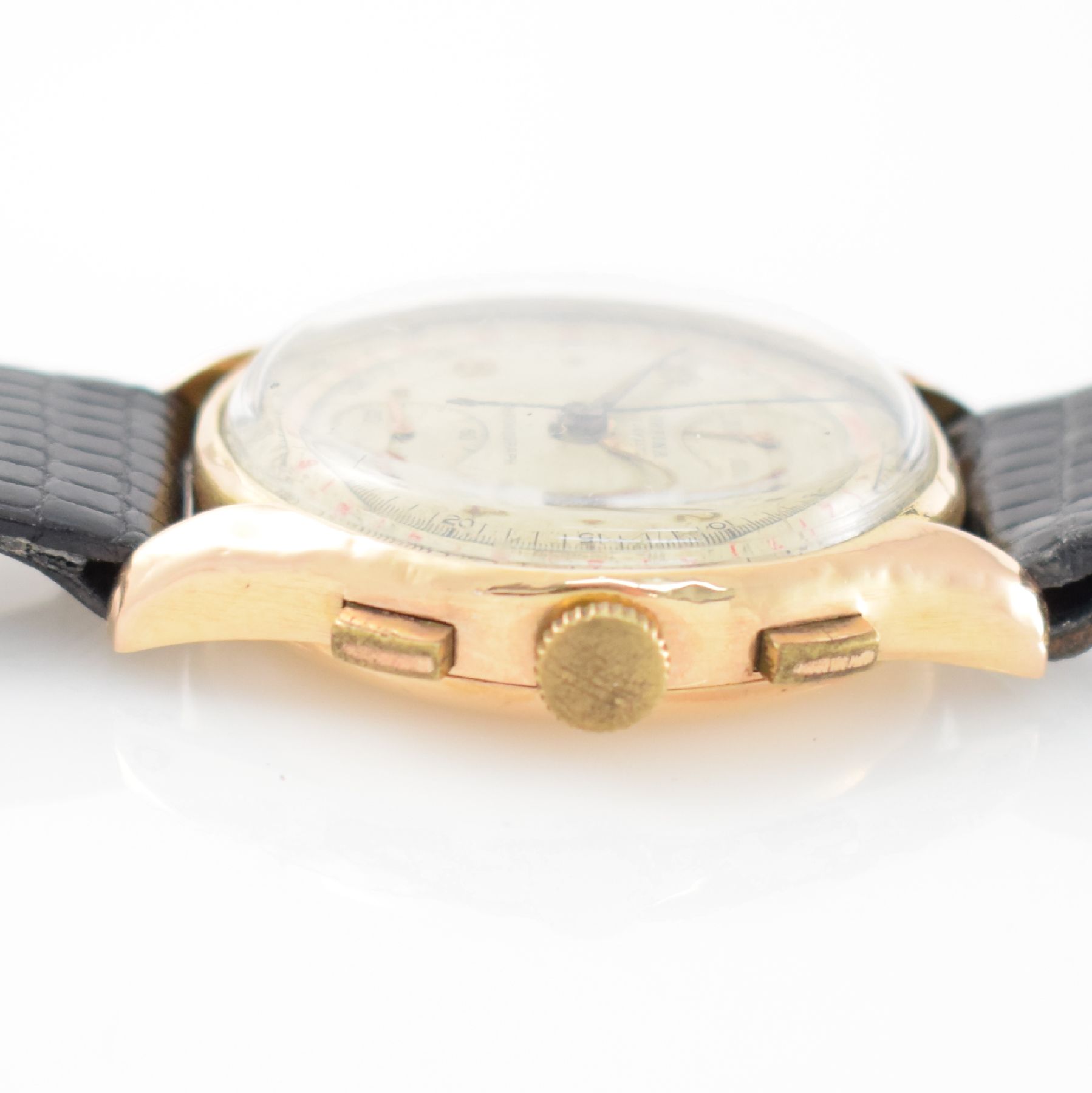 Detail d: ORFINA Herrenarmbanduhr mit Chronograph in RG 750/000, Schweiz um 1950, Handaufzug, Boden aufgedr., silb. Zifferbl. pat. m. aufges. Std.-Ind., gold. ...