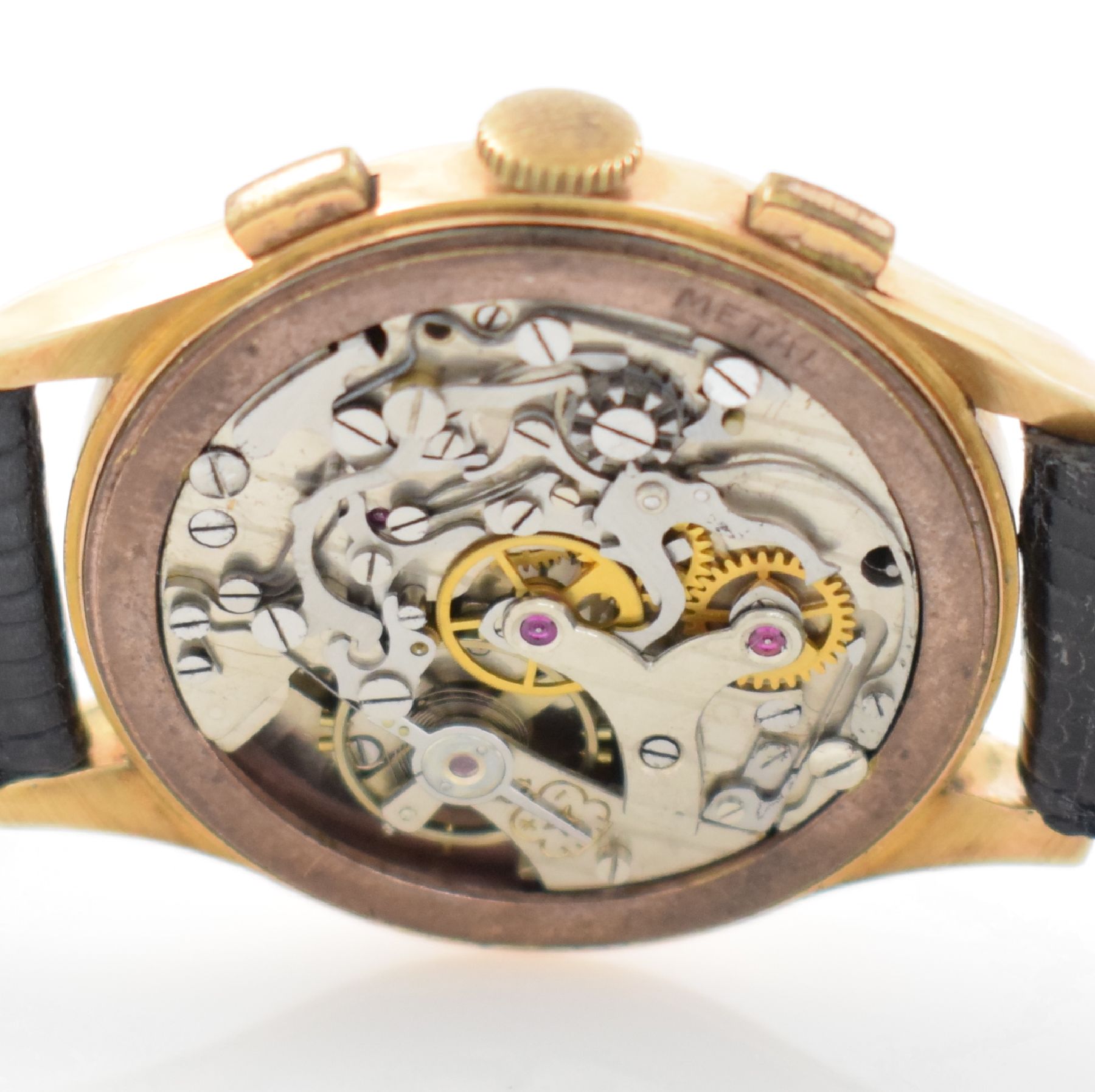 Detail e: ORFINA Herrenarmbanduhr mit Chronograph in RG 750/000, Schweiz um 1950, Handaufzug, Boden aufgedr., silb. Zifferbl. pat. m. aufges. Std.-Ind., gold. ...