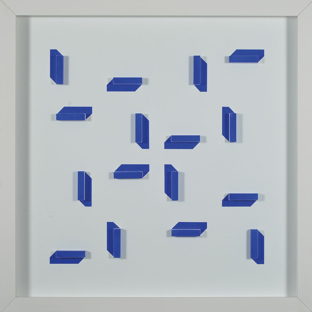 Volker Tinti, geb. 1941 Kaiserslautern, Acryl/Holz, 3D- Konstruktion, verso sign., dat. 2016 , unter Glas in weißem Holzrahmen, ca. 40,0x40,0 cm