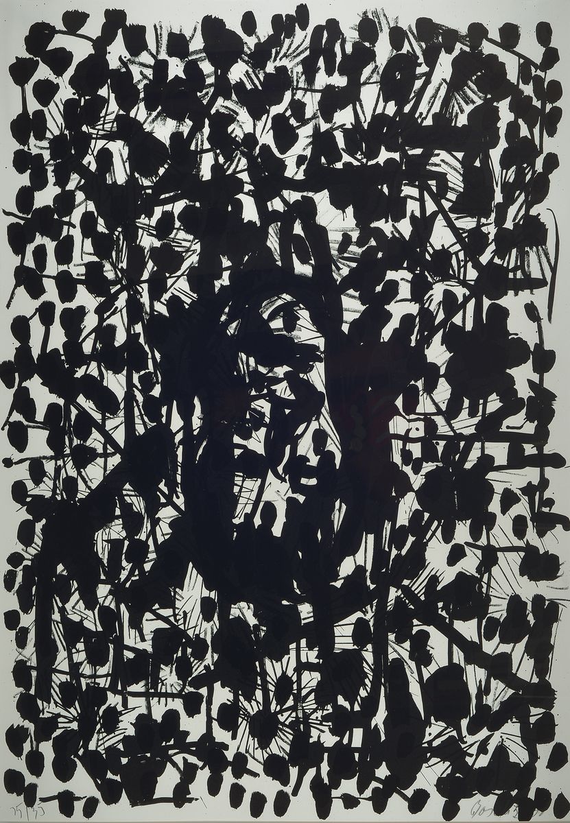 Georg Baselitz, geb. 1938, Offset-Litho, handsigniert, num. 35/35, aus 1990, Blattgr. 100 x 70 cm, unter Glas, Rahmen: 75.5 x 106.5 cm