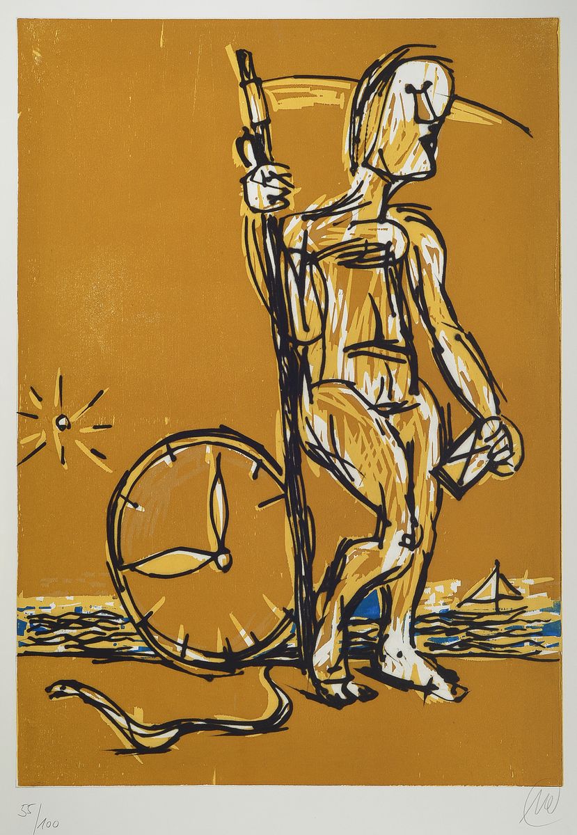 Markus Lüpertz, geb. 1941, Zeitreise, Radierung und Holzschnitt auf dickem Velin, mit Wasserzeichen, 2008, Überlagerung zweier Drucktechniken, ...