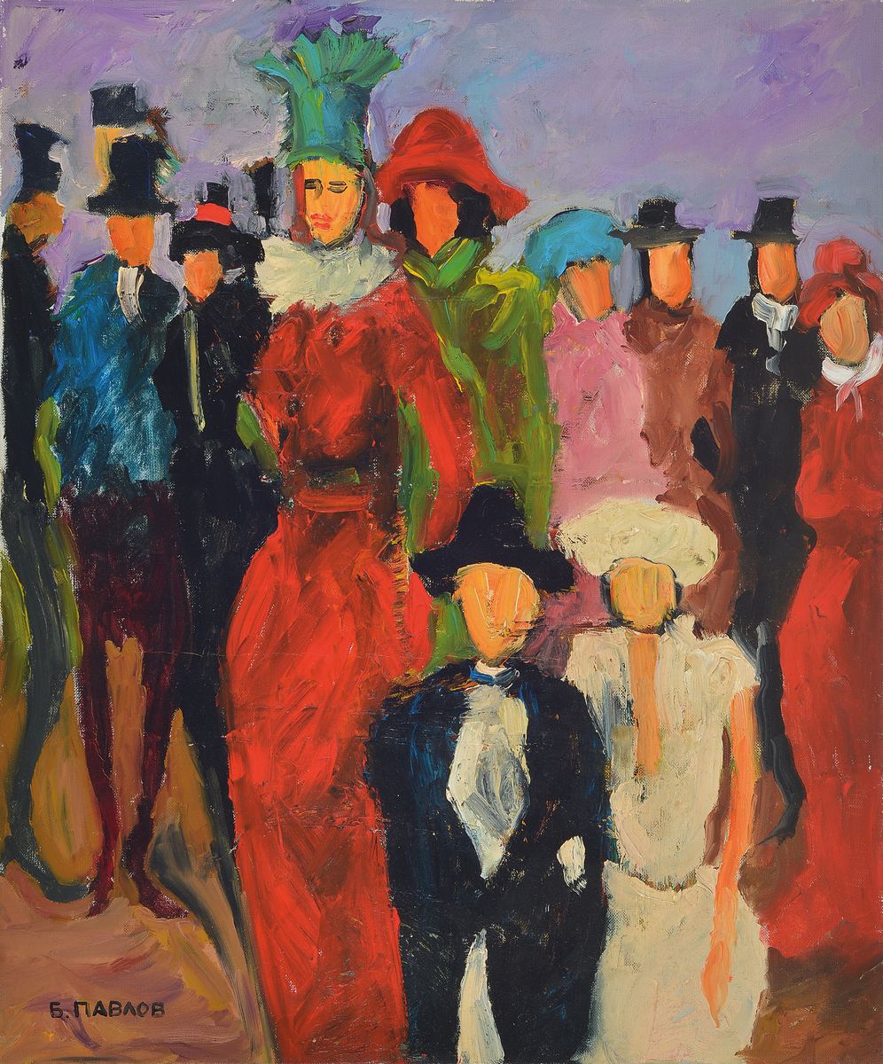 Boris Pavlov, 1928 - 2005 Paris, Modeschau auf dem Platz Pisall 1968, Paris, Öl/Lwd, li. u. signiert, 60 x 50 cm, verso bezeichnet und mit ...