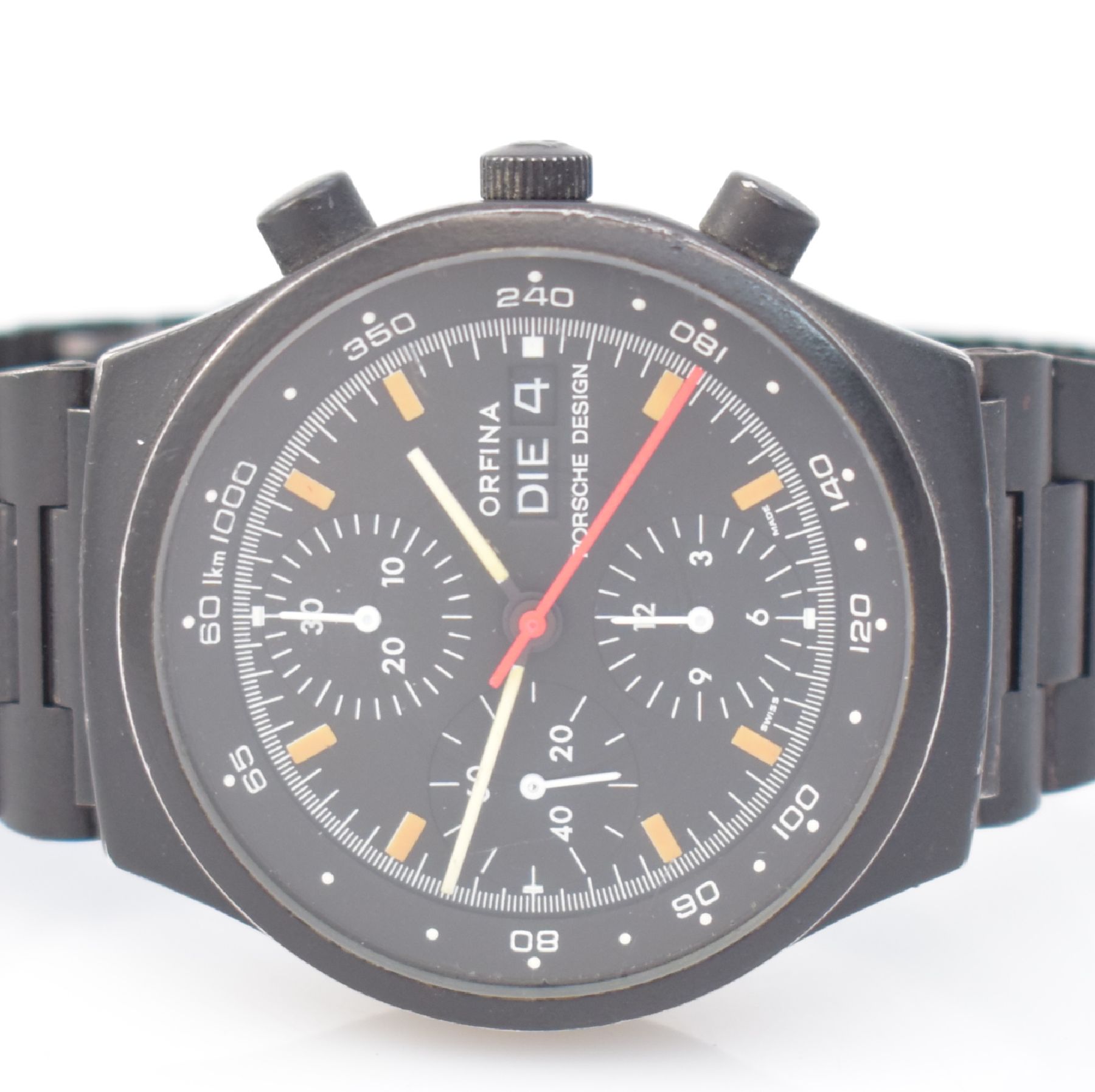 Detail a: ORFINA/PORSCHE DESIGN Herrenarmbanduhr mit Chronograph, Schweiz um 1980, Automatik, geschwärztes Edelstahlgeh. mit orig. Gliederband, Boden geschr., ...