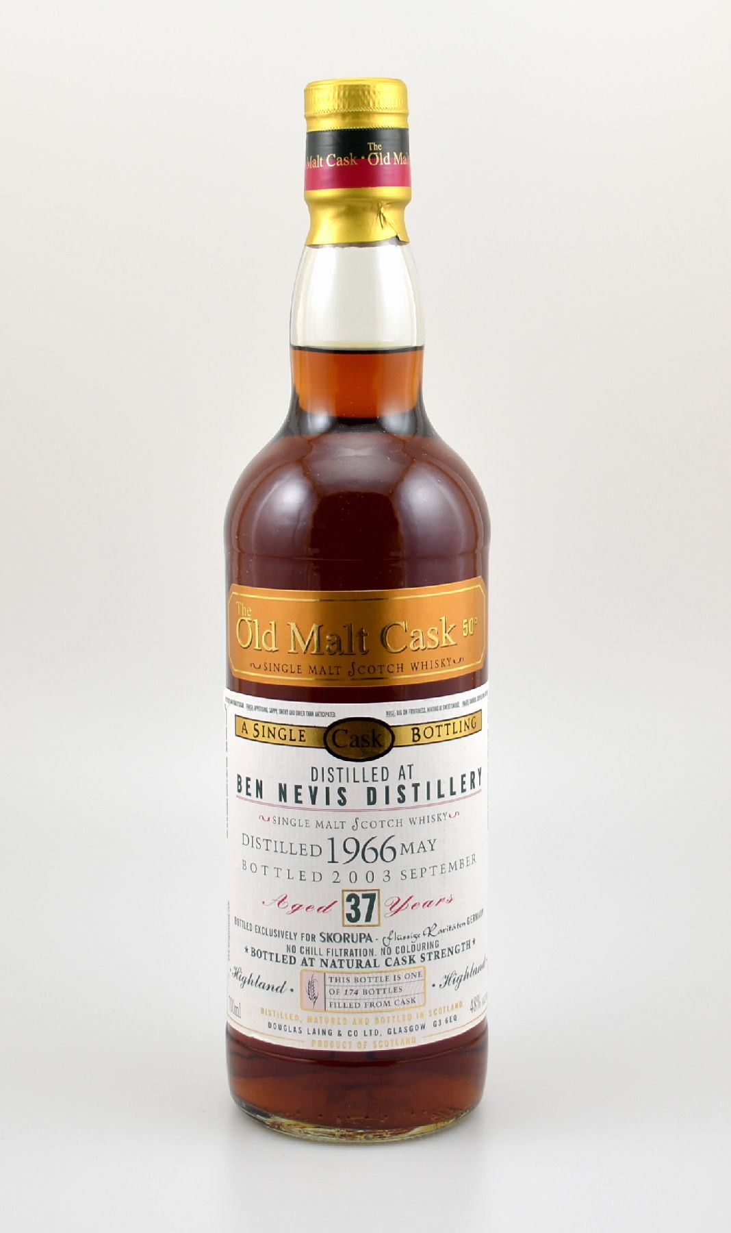 1 Flasche 1966 Single Malt Scotch Whisky, ca. 70 cl, 48 % Vol., distilled at Ben Nevis Distillery, 37 Years Old, im Jahr 2003 in die Flasche ...
