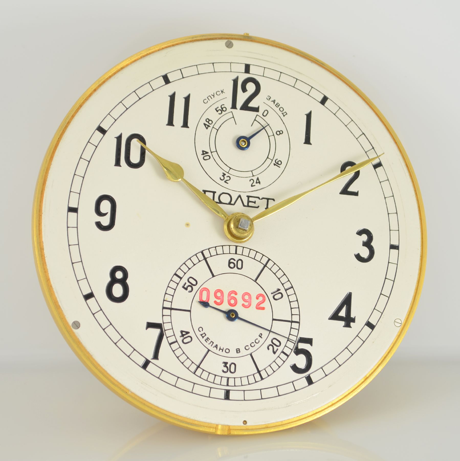 Detail k: POLJOT Marinechronometer Nr. 09692, UDSSR um 1980, kardanisch aufgehängtes Messinggeh., 3-tlg. Holzkiste m. Messingecken, silb. Zifferbl., arab. ...