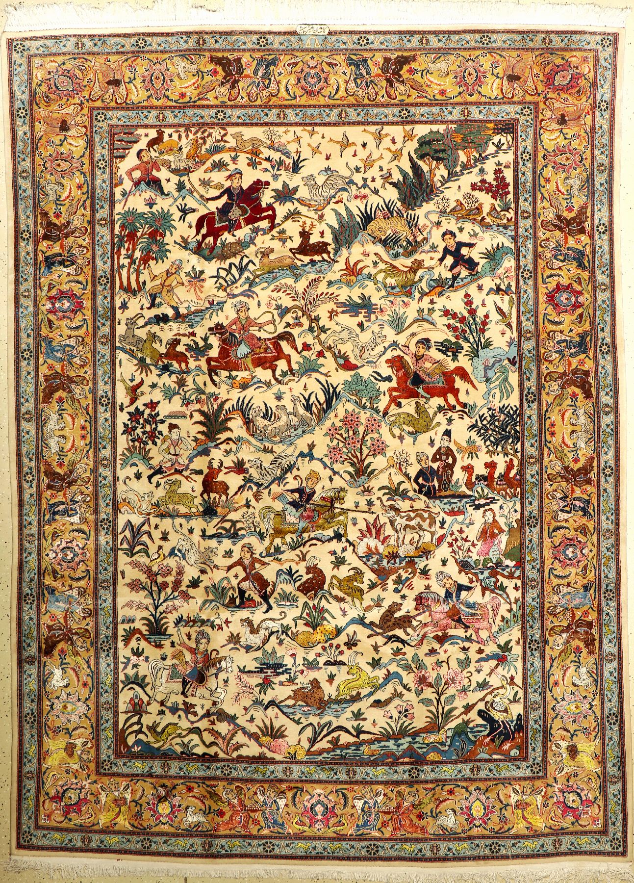 Keschan "Part-Silk" (Honarpische) alt (Signiert) "The Hunting", Persien, um 1950, Korkwolle mit viel Seide, ca. 306 x 222 cm, ...