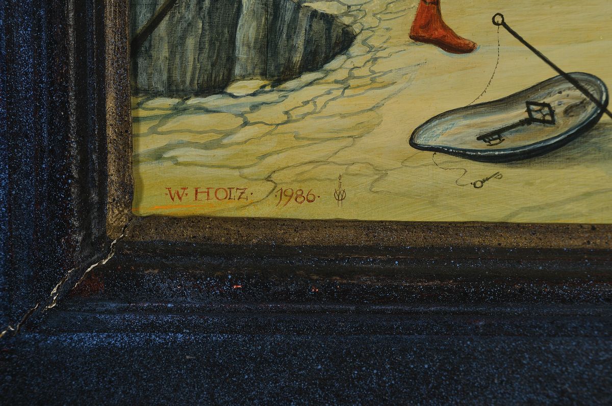 Detail a: Werner Holz, 1948 Grünstadt-1991 Ludwigshafen, Studium in Mainz, München und Mannheim, Vertreter des Phantastischen Realismus, hier: Das Glück im ...