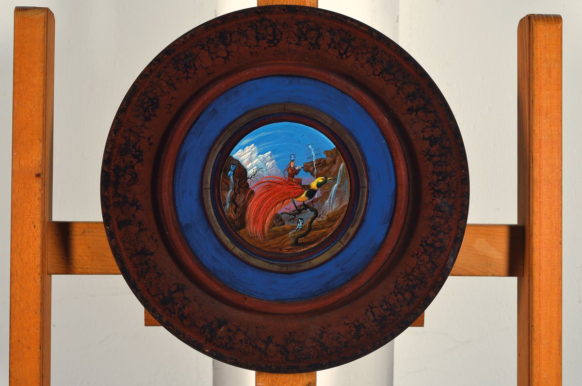 Detail k: Werner Holz, 1948 Grünstadt-1991 Ludwigshafen, Studium Mainz, München und Mannheim, Vertreter des Phantastischen Realismus, Öl/Holz, signiert und ...