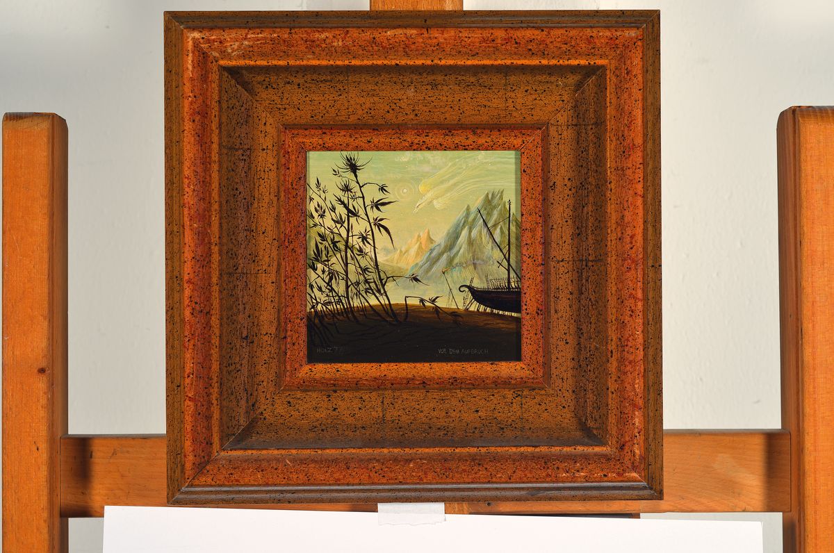 Detail k: Werner Holz, 1948 Grünstadt-1991 Ludwigshafen, Studium Mainz, München und Mannheim, Vertreter des Phantastischen Realismus, hier: Vor dem Aufbruch, ...