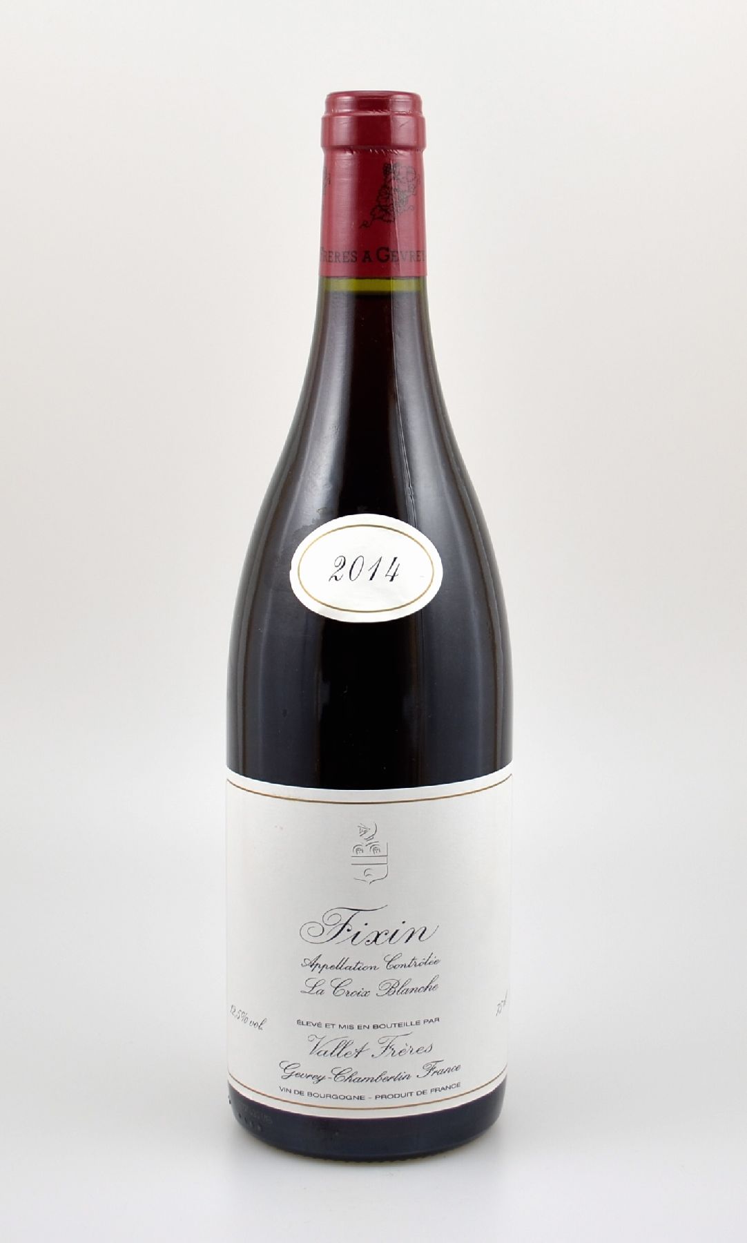 12 Flaschen 2014 Fixin, La Croix Blanche Vallet Freres, Gevrey-Chambertin, je 75 cl, 12,5 % Vol., Abstände zwischen Kapsel und Wein: ca. 0,5 cm, ...