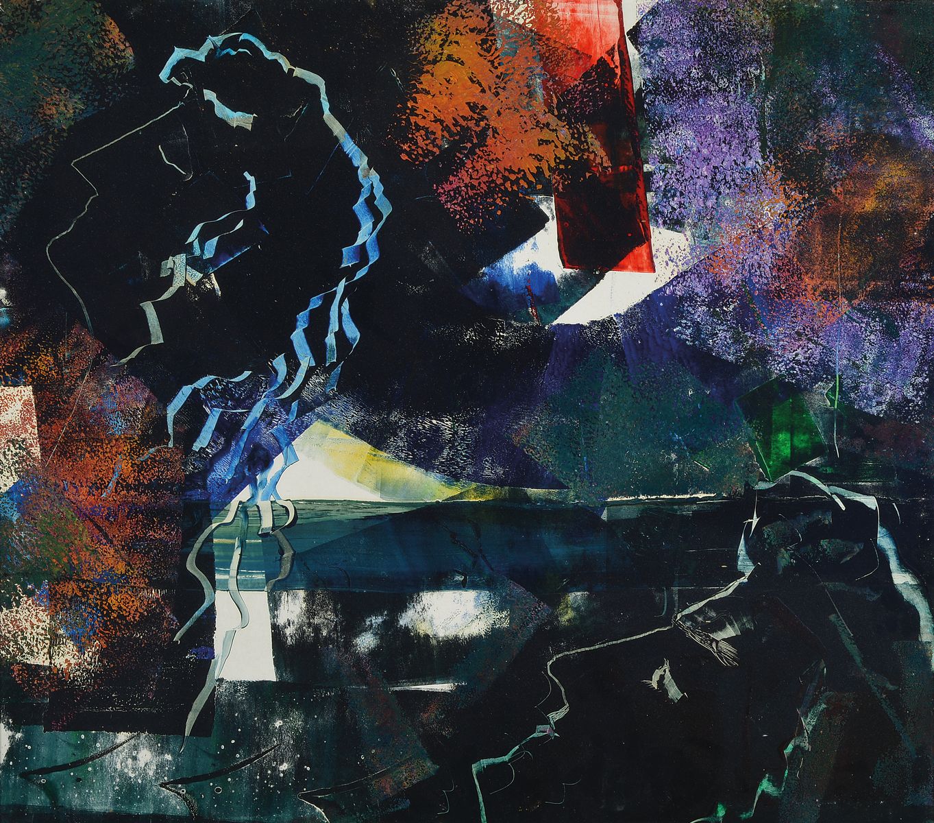 Otari Tschakwetadse, zeitgen. Maler aus Tiflis, Abstrakte Komposition, Mischtechnik (Tempera und Acryl) auf Farblithographie, rückseitig signiert, ...