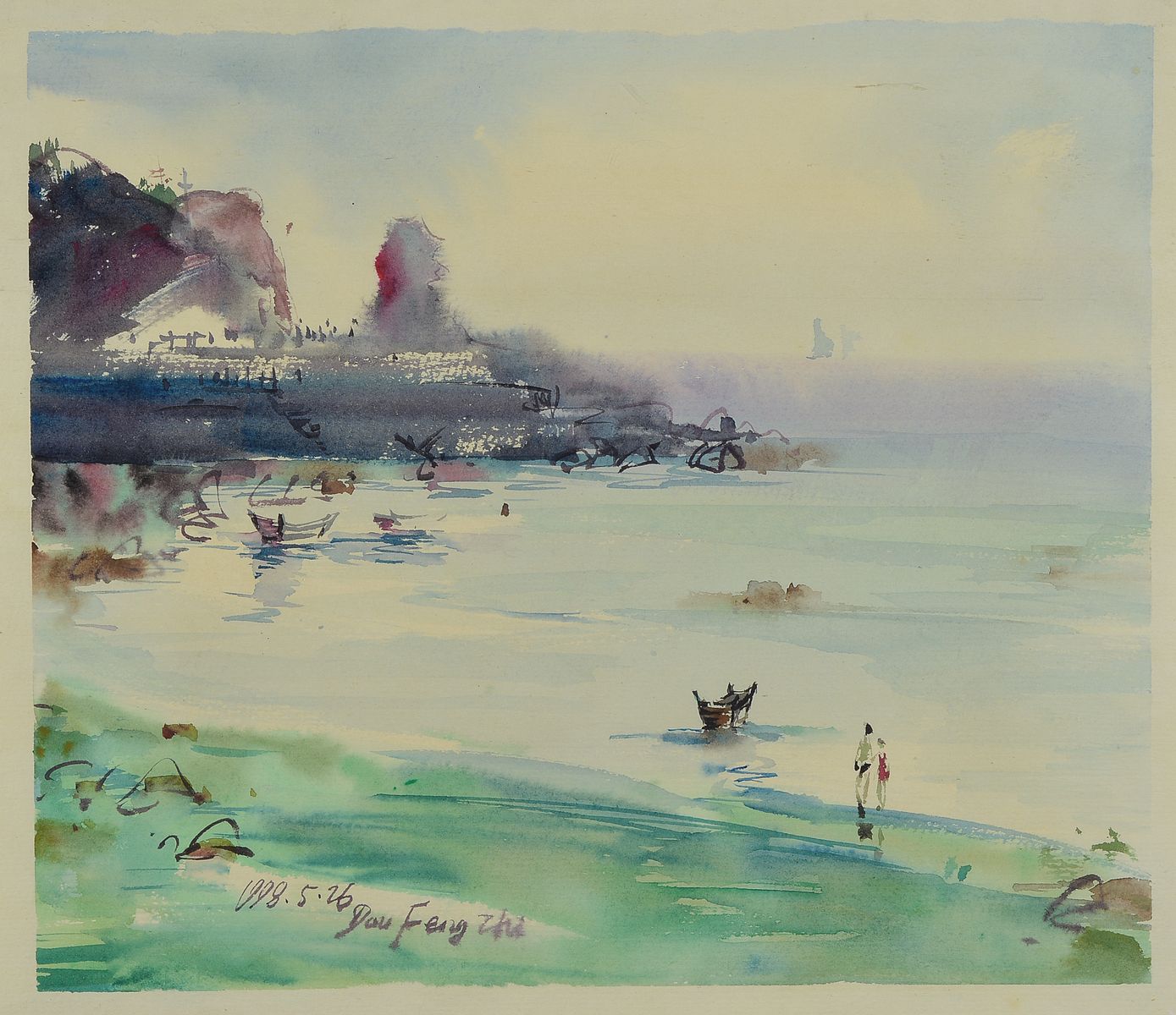 Dan Feng Zhi, zeitgen. chinesischer Künstler, Küstenlandschaft, Aquarell und Tusche auf Papier, signiert und dat. 1998.5.26, ca. 30x35cm, u.Gl., R.